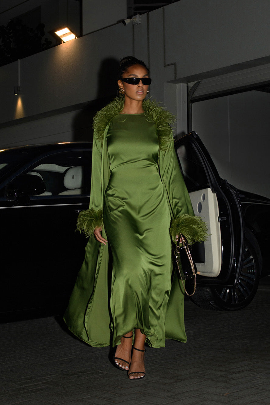 Abaya à Plumes Ceinturée - Vert — Modeen
