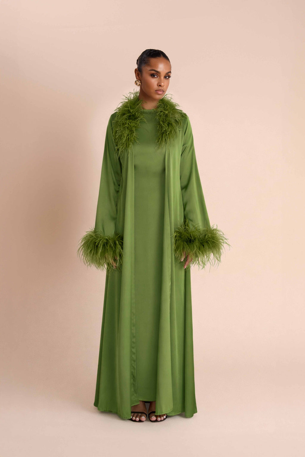 Abaya à Plumes Ceinturée - Vert — Modeen