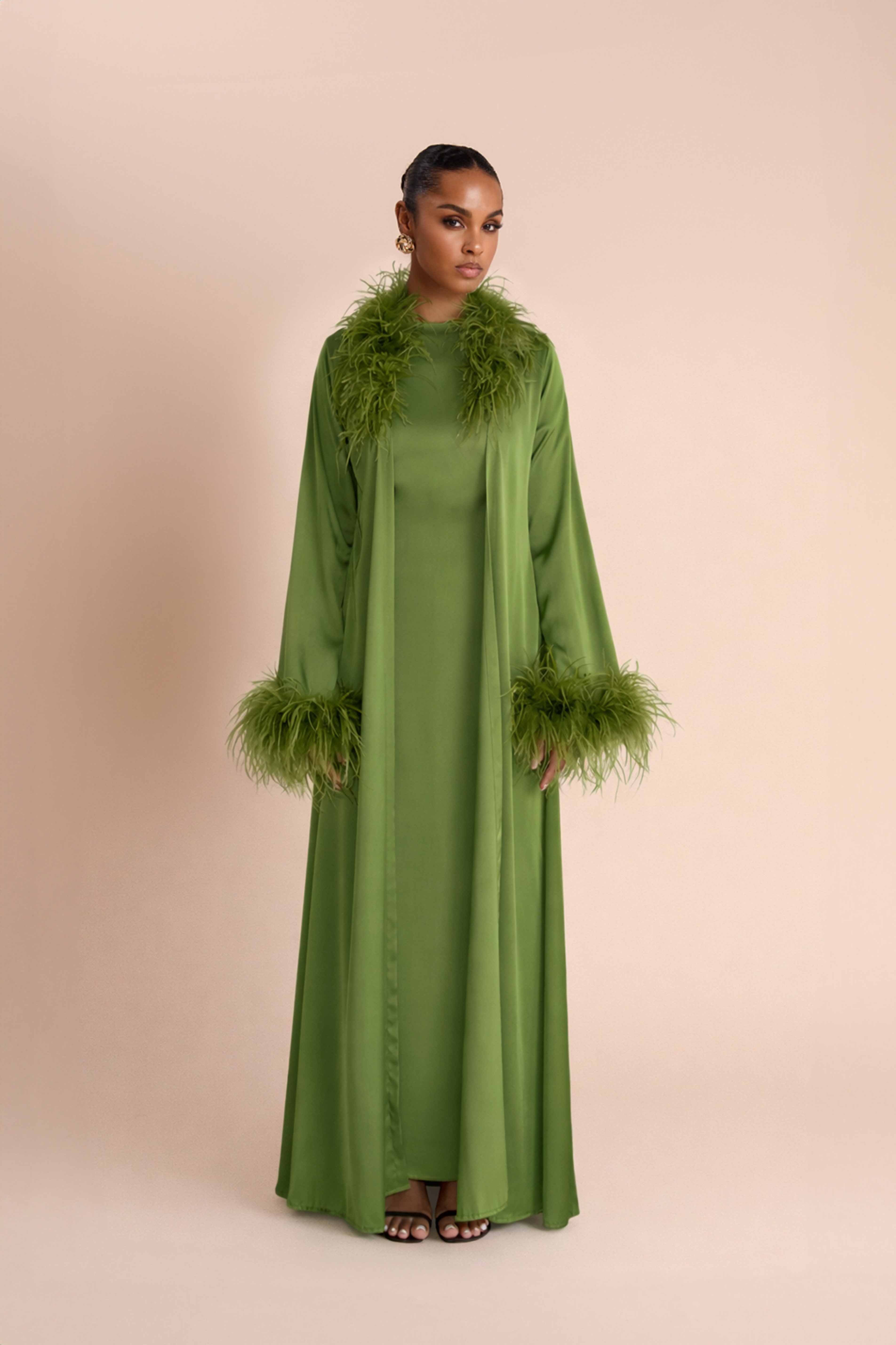 Abaya à Plumes Ceinturée - Vert — Modeen