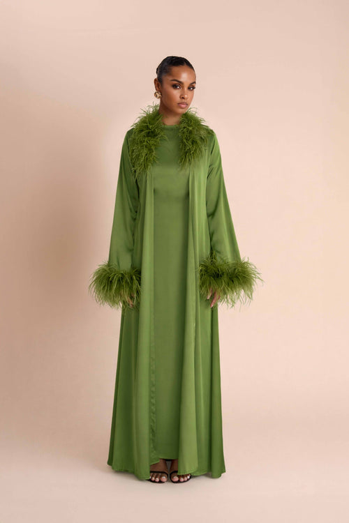 Abaya à Plumes Ceinturée - Vert — Modeen