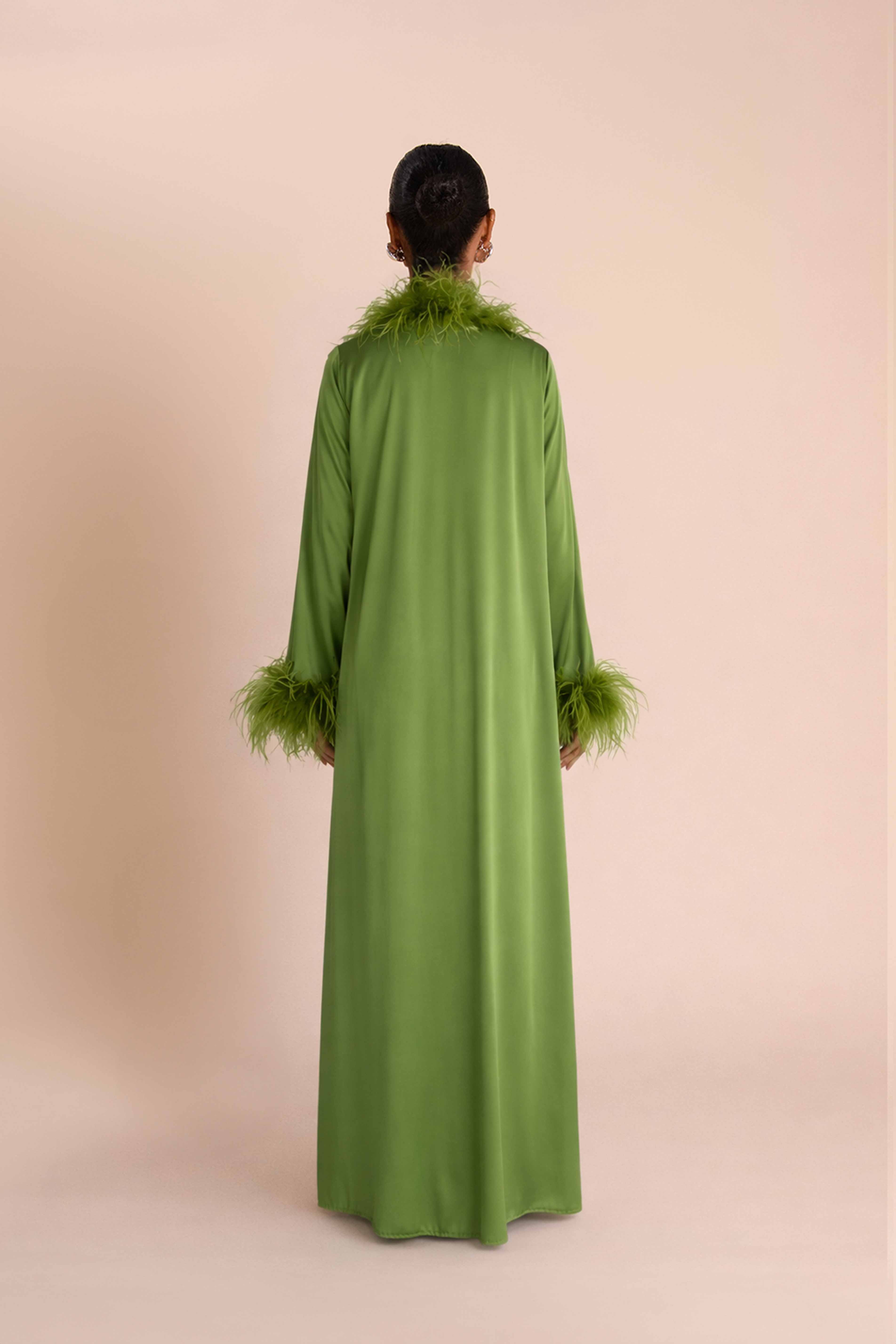 Abaya à Plumes Ceinturée - Vert — Modeen