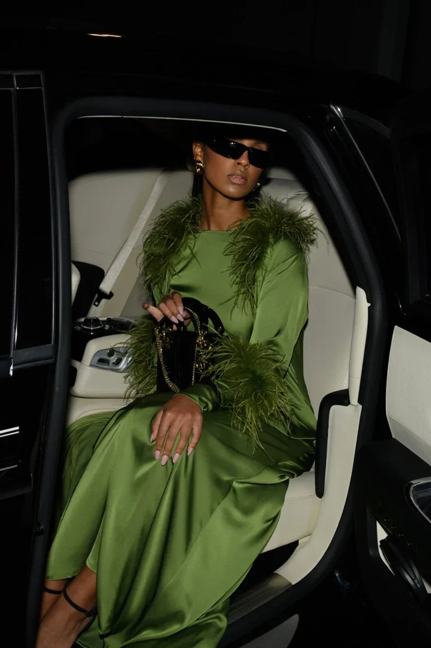 Abaya à Plumes Ceinturée - Vert — Modeen