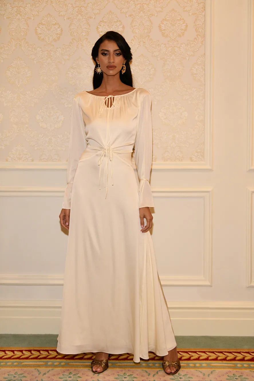 Robe Longue Énora à Détail Noué - Crème — Modeen
