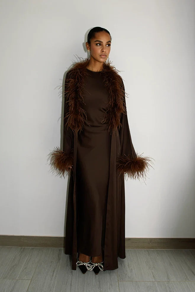 Abaya à Plumes Ceinturée - Chocolat — Modeen