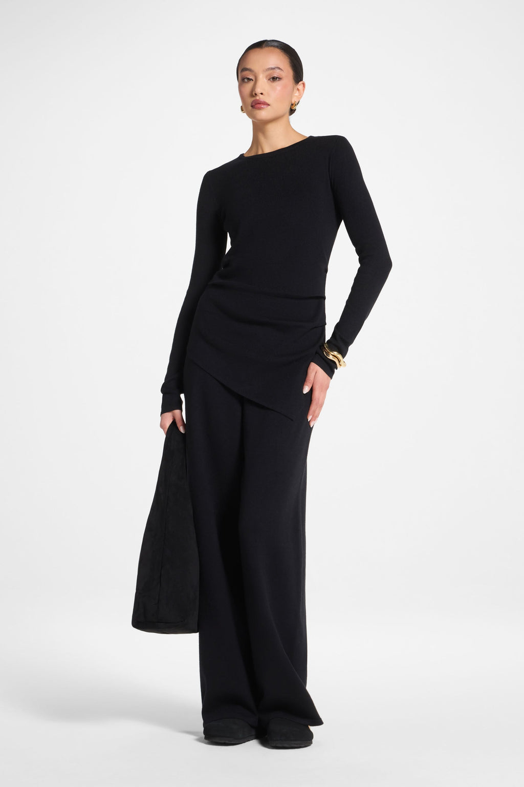 Ensemble Haut & Pantalon en Maille Asymétrique - Noir Abayas Modeen