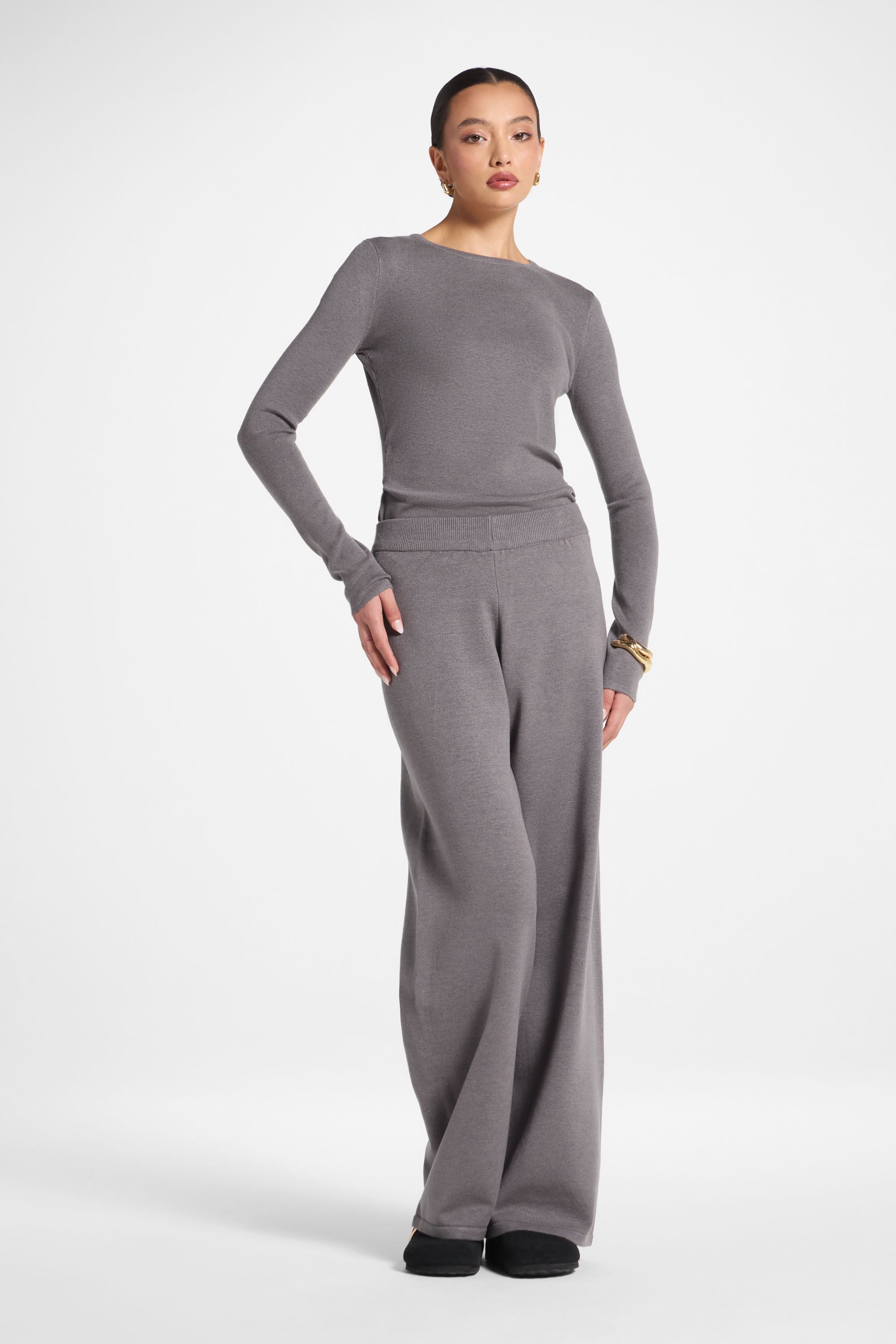 Ensemble Haut & Pantalon en Maille Asymétrique - Anthracite Abayas Modeen