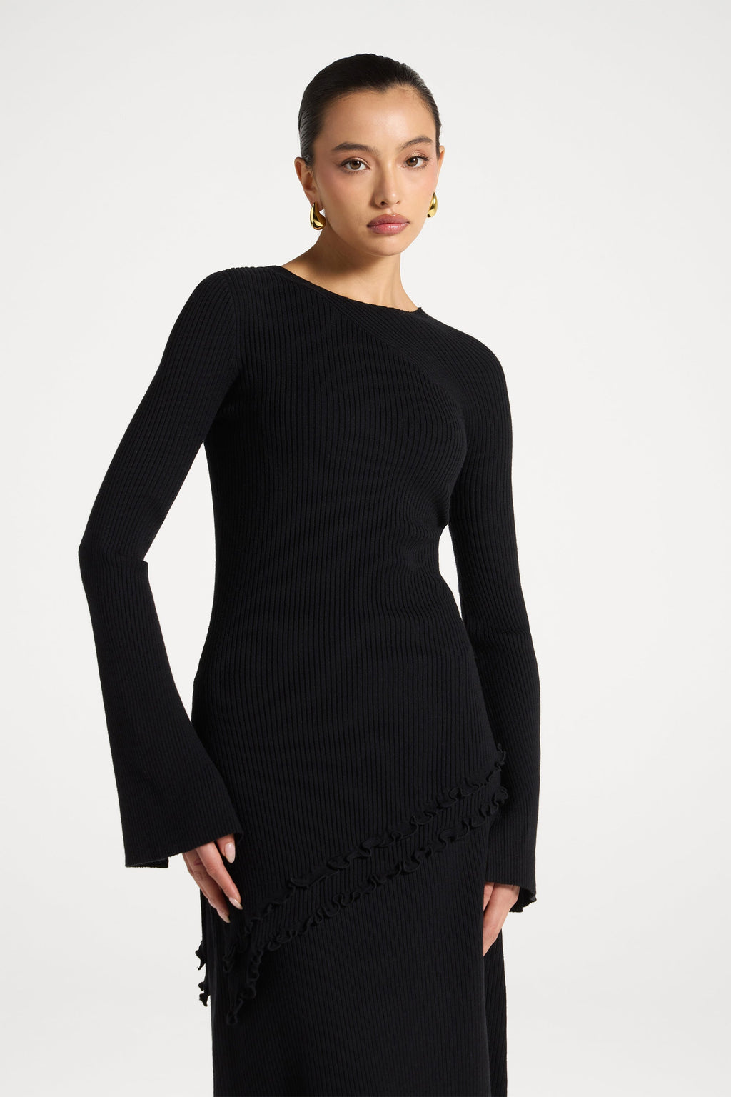 Haut en Maille à Ourlet Volanté Asymétrique - Noir Abayas Modeen