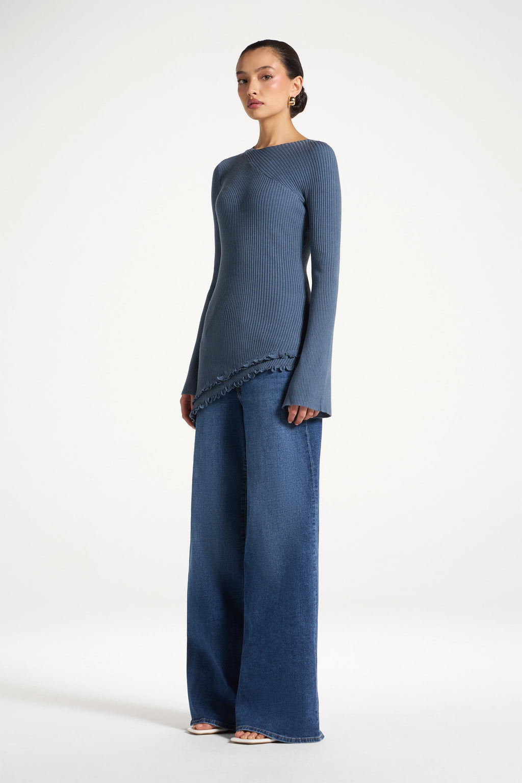 Haut en Maille à Ourlet Volanté Asymétrique - Denim Abayas Modeen