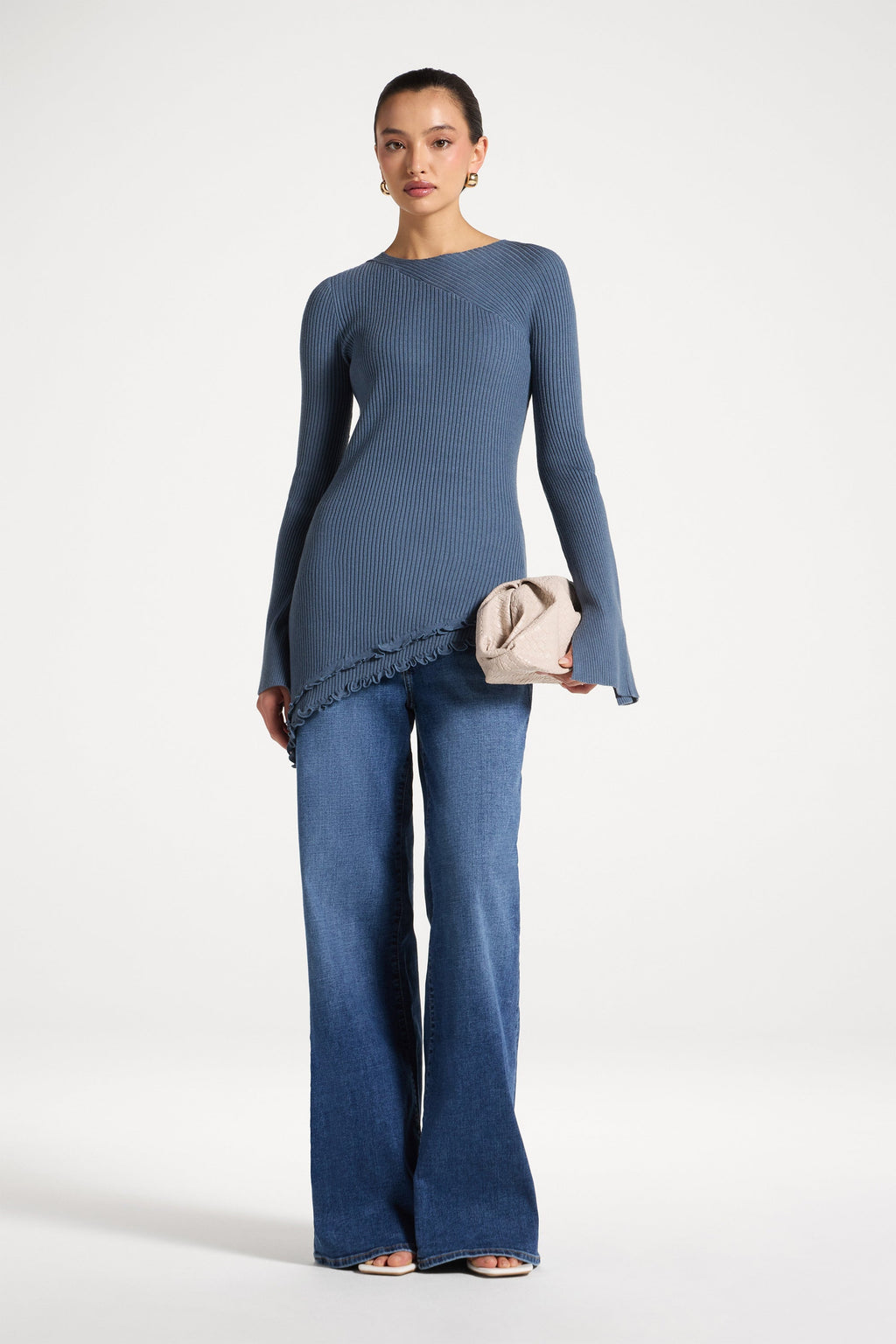 Haut en Maille à Ourlet Volanté Asymétrique - Denim Abayas Modeen