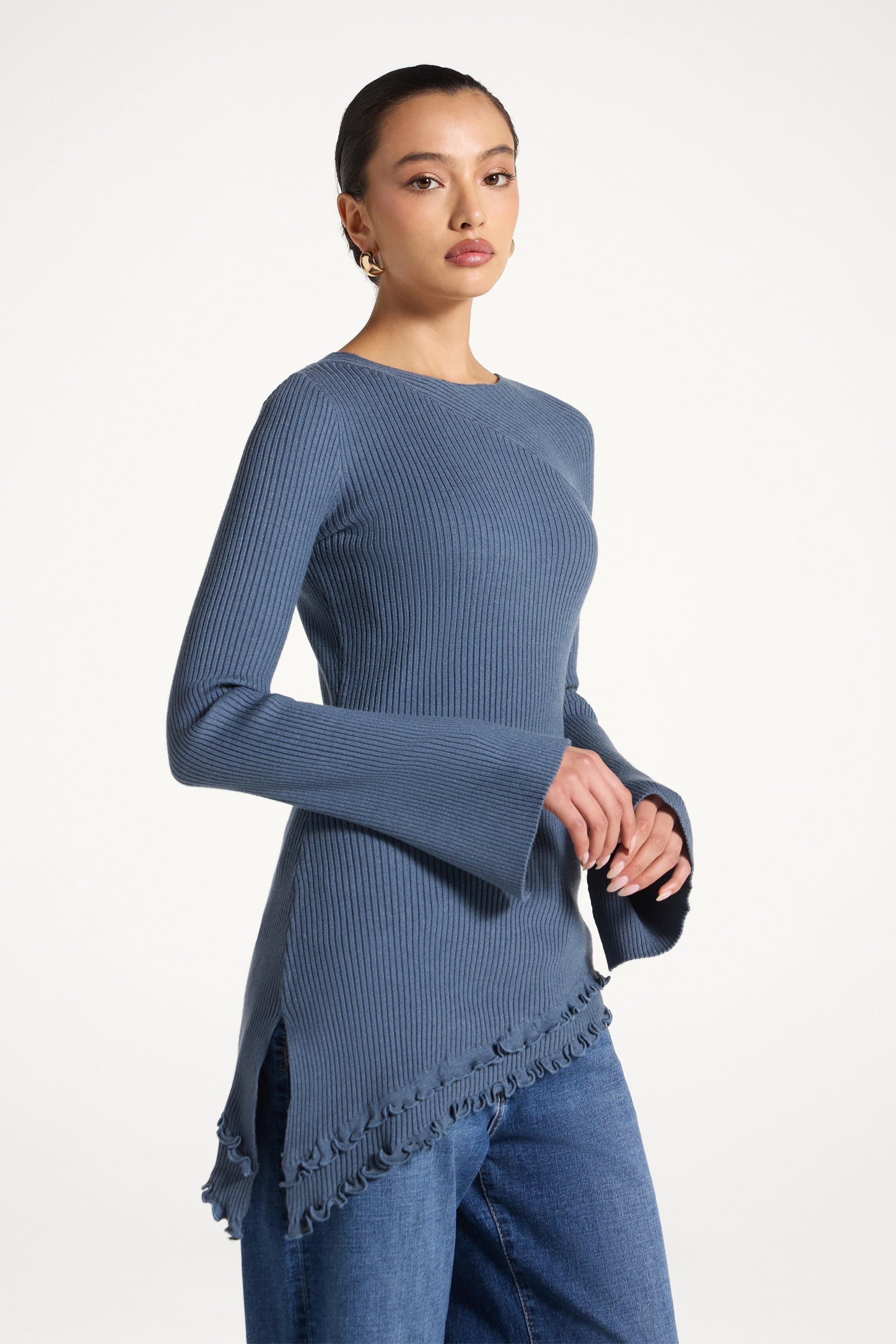 Haut en Maille à Ourlet Volanté Asymétrique - Denim Abayas Modeen