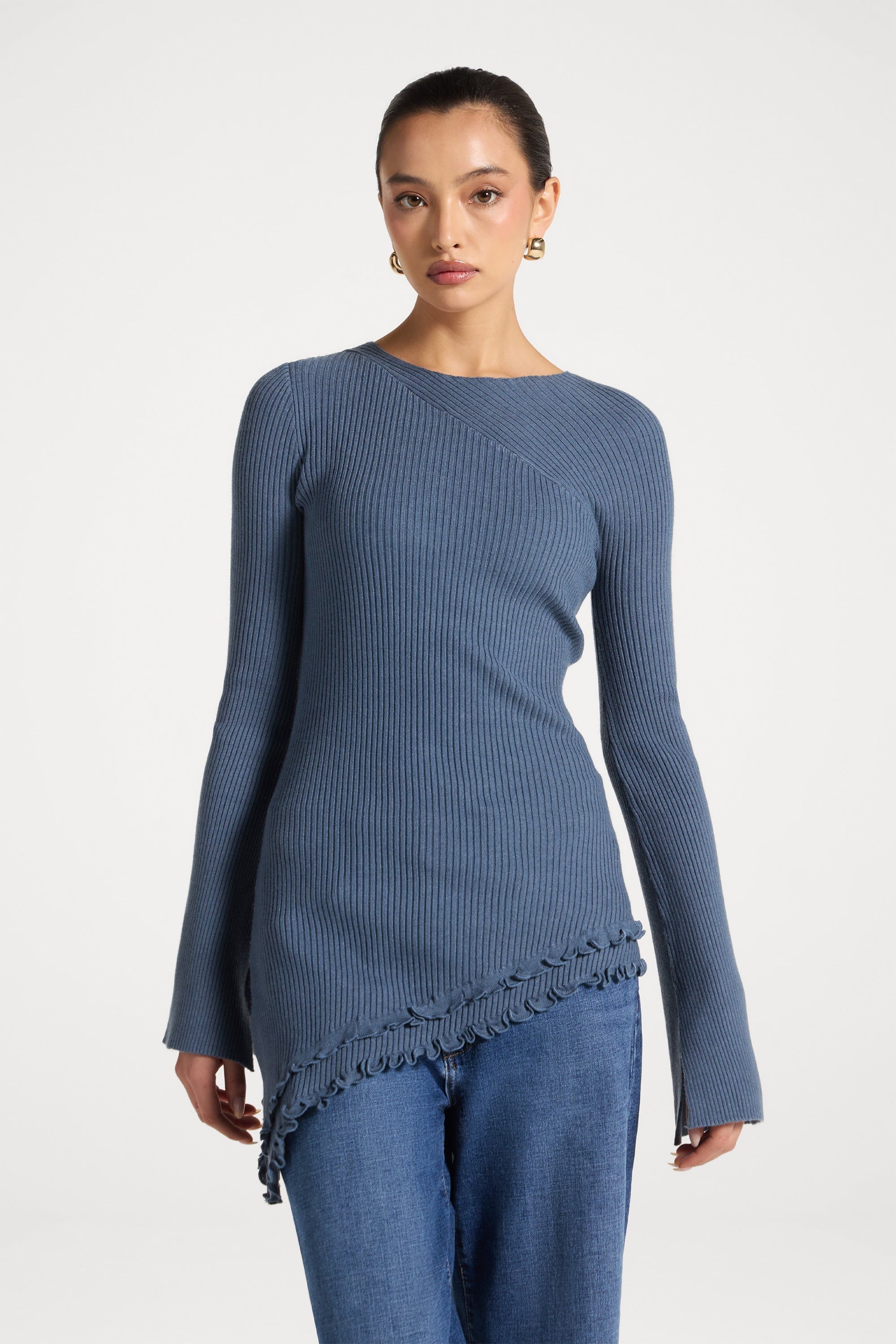 Haut en Maille à Ourlet Volanté Asymétrique - Denim Abayas Modeen