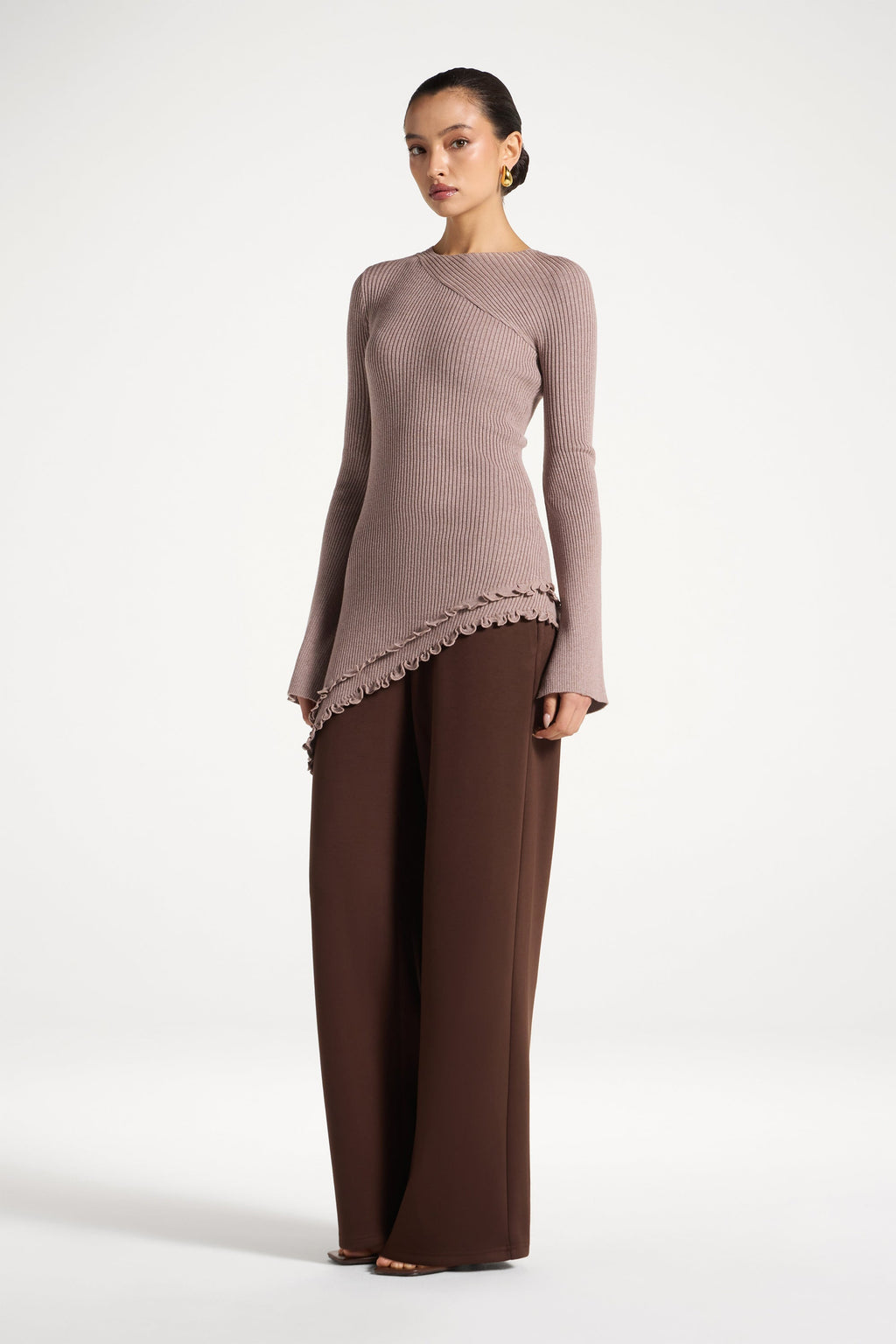 Haut en Maille à Ourlet Volanté Asymétrique - Taupe Abayas Modeen