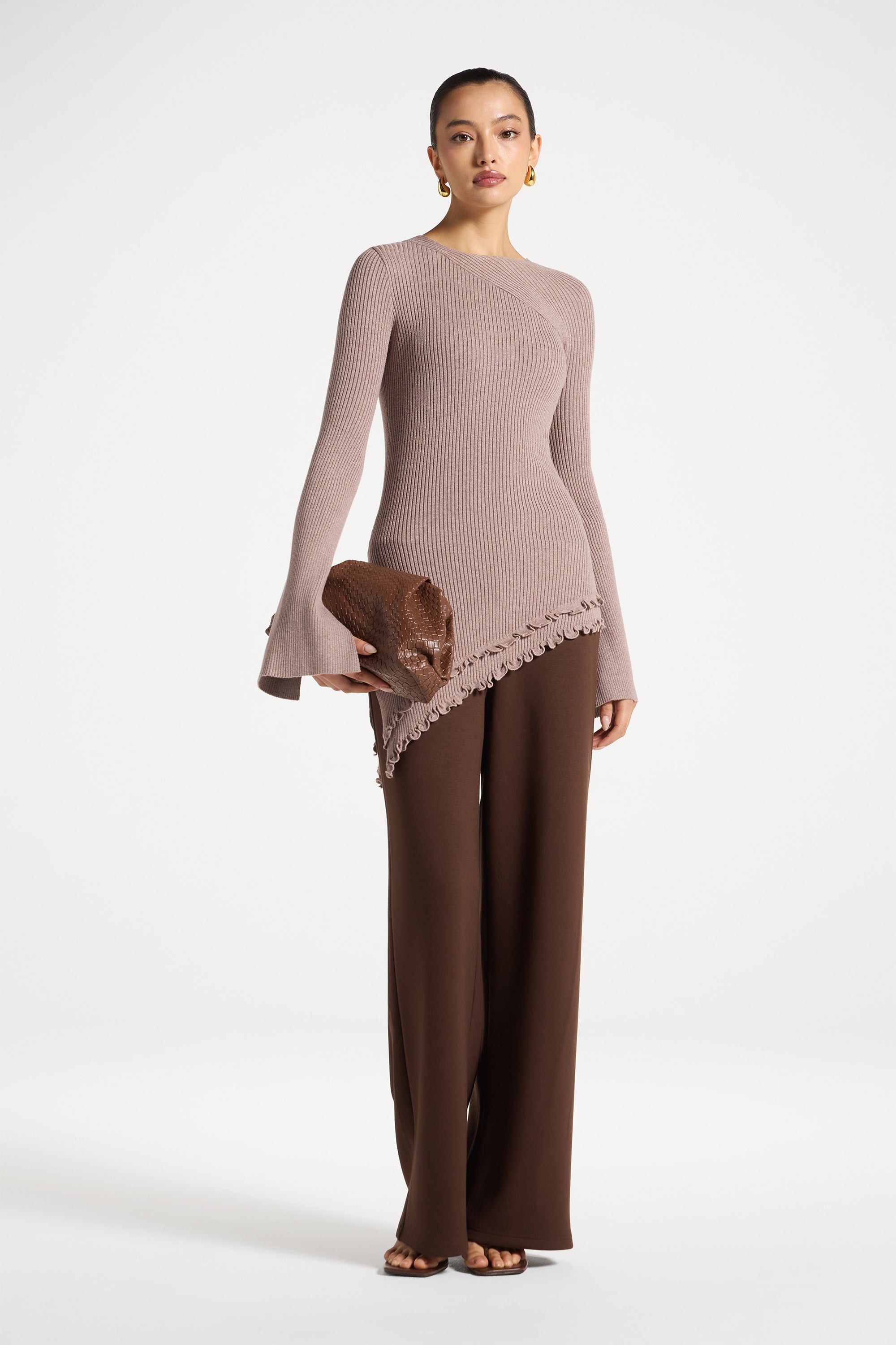 Haut en Maille à Ourlet Volanté Asymétrique - Taupe Abayas Modeen