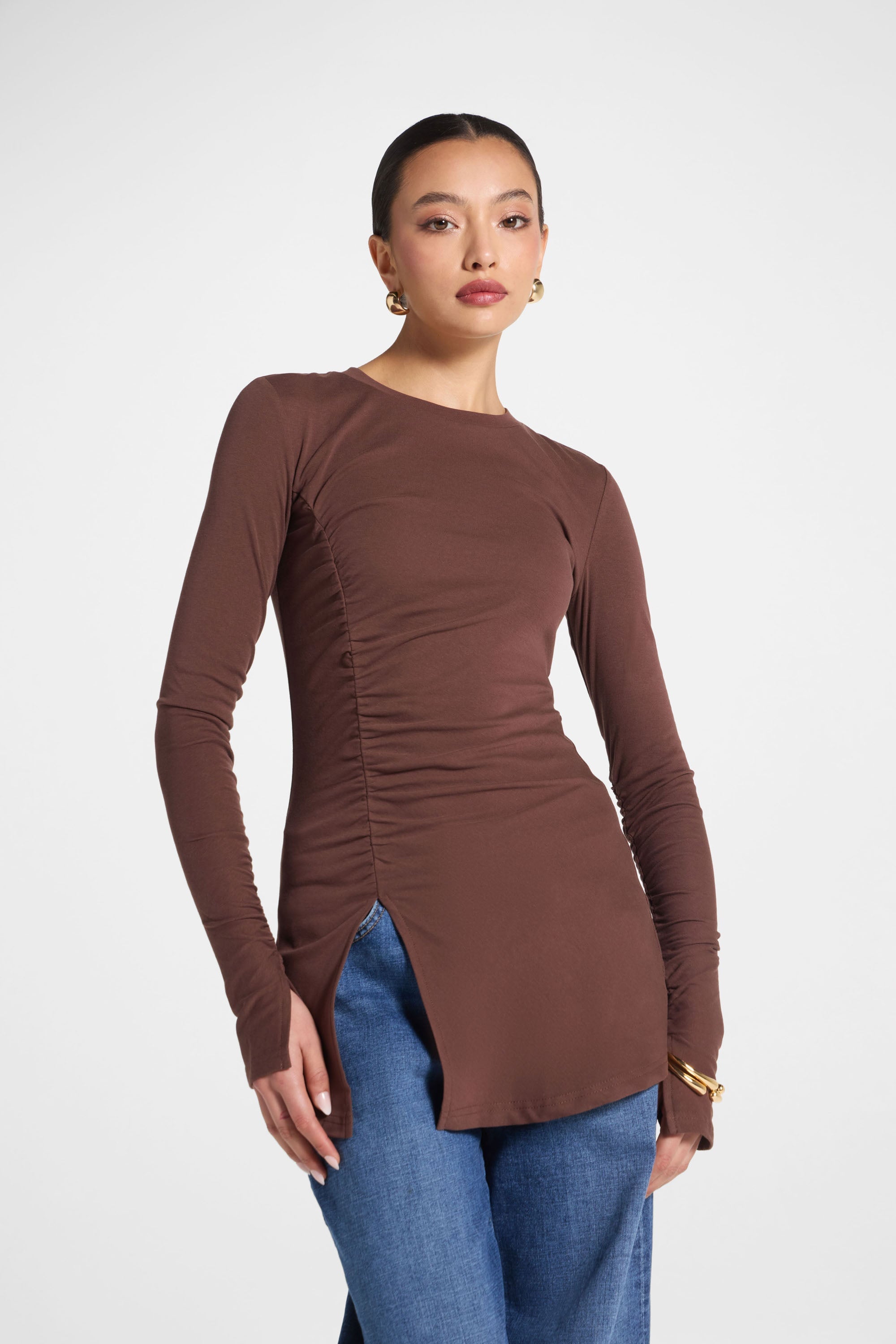 Haut à Fente Latérale Asymétrique - Brun Foncé Abayas Modeen