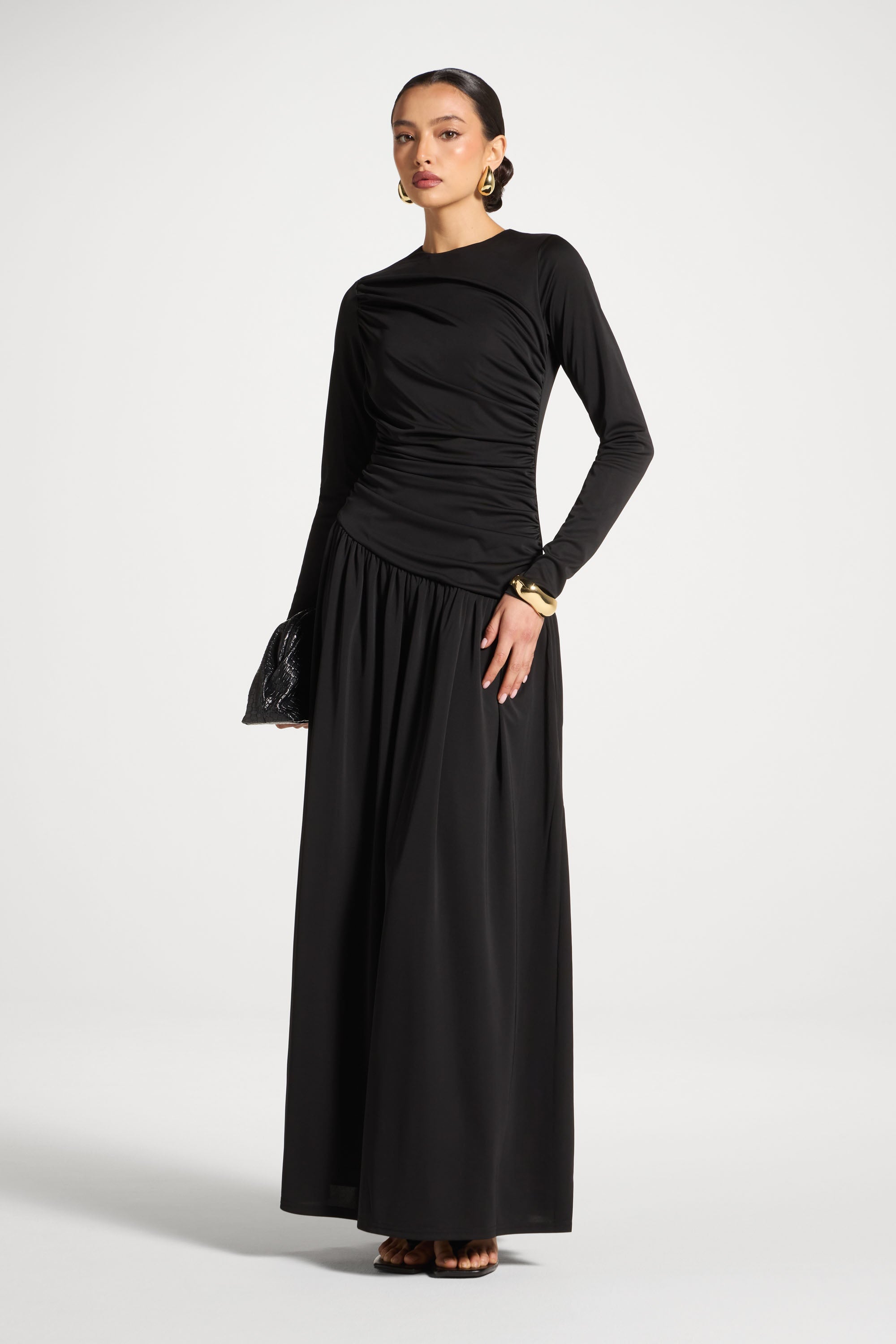 Robe Longue Froncée à Taille Asymétrique - Noir Abayas Modeen