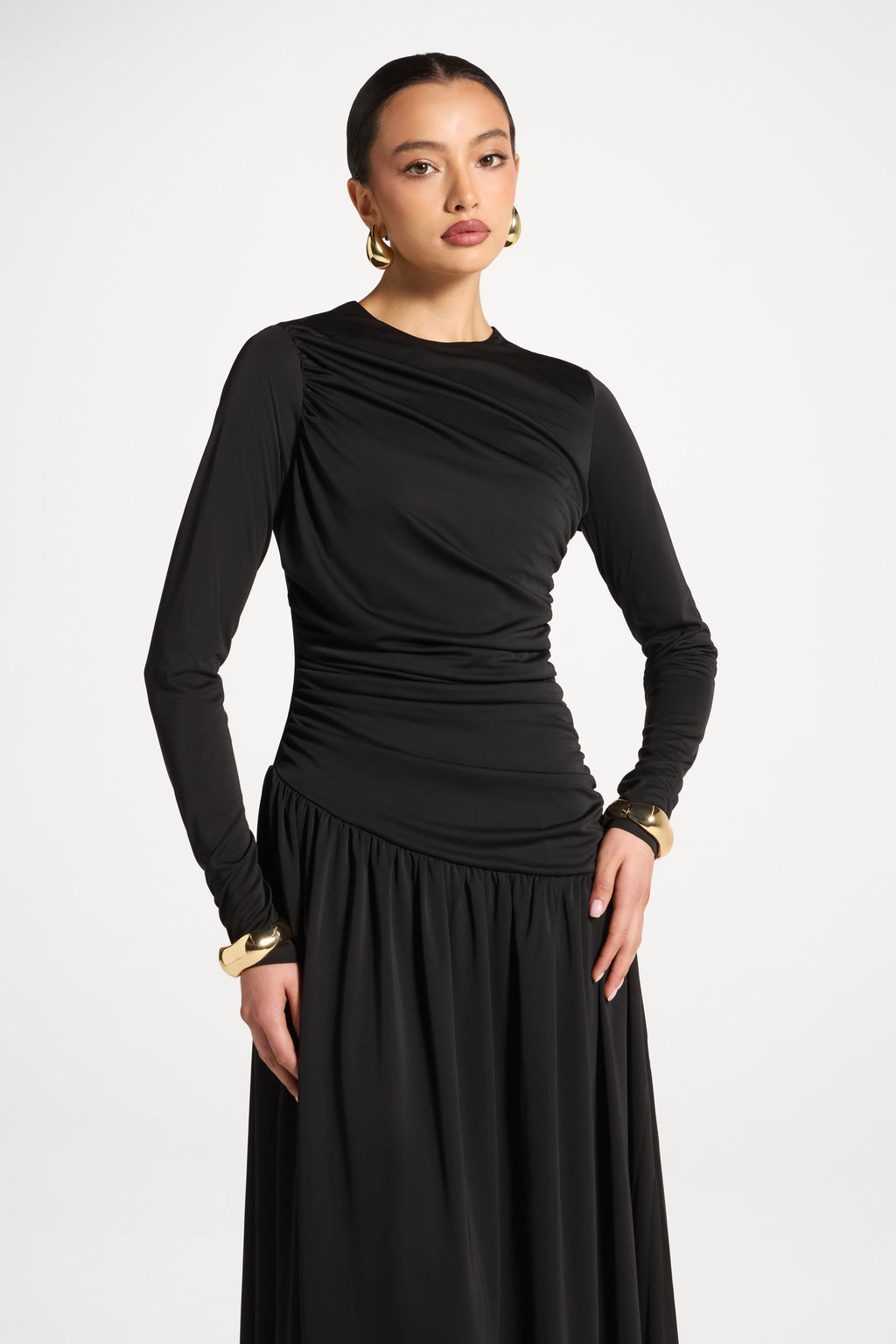 Robe Longue Froncée à Taille Asymétrique - Noir Abayas Modeen