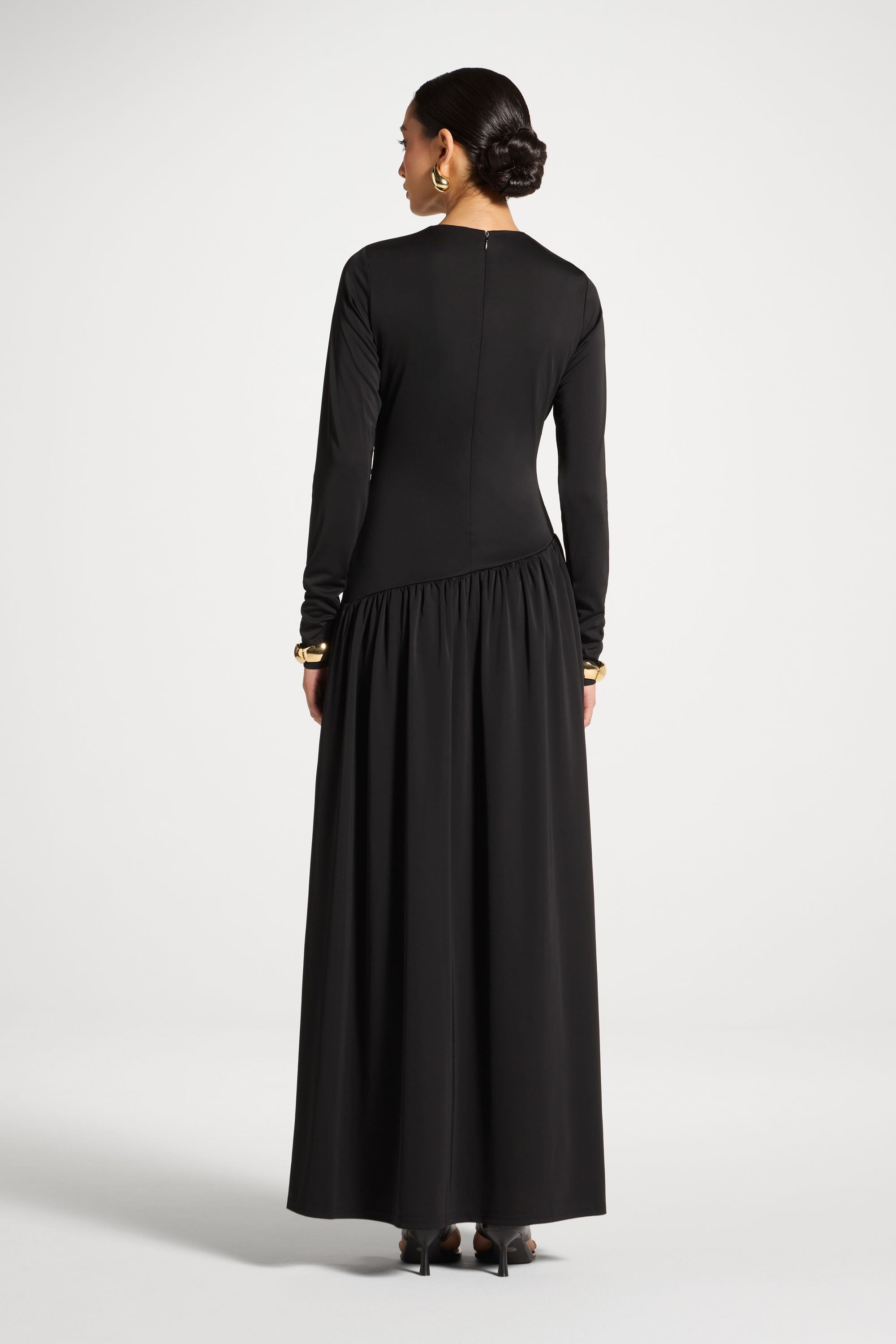 Robe Longue Froncée à Taille Asymétrique - Noir Abayas Modeen