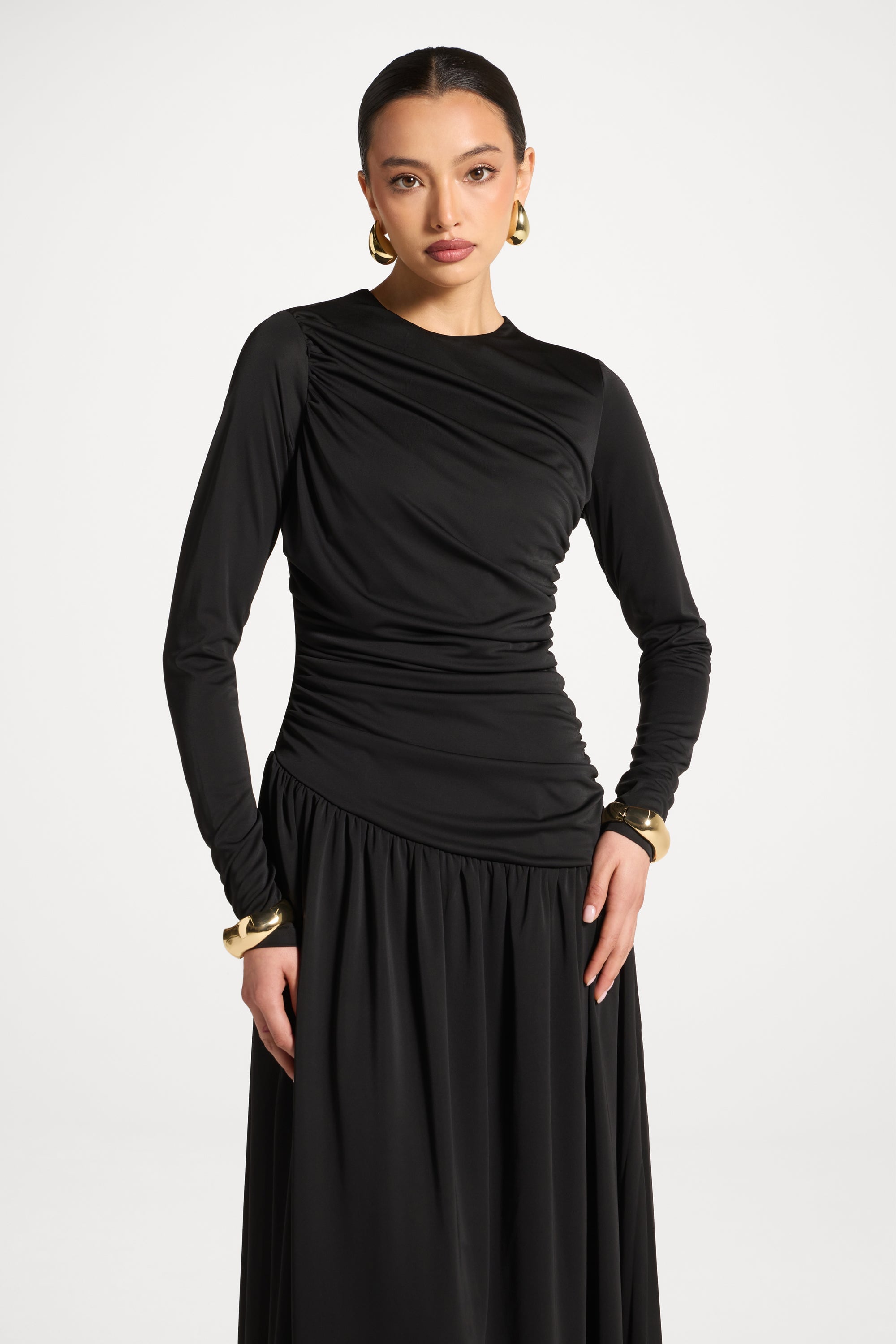 Robe Longue Froncée à Taille Asymétrique - Noir Abayas Modeen