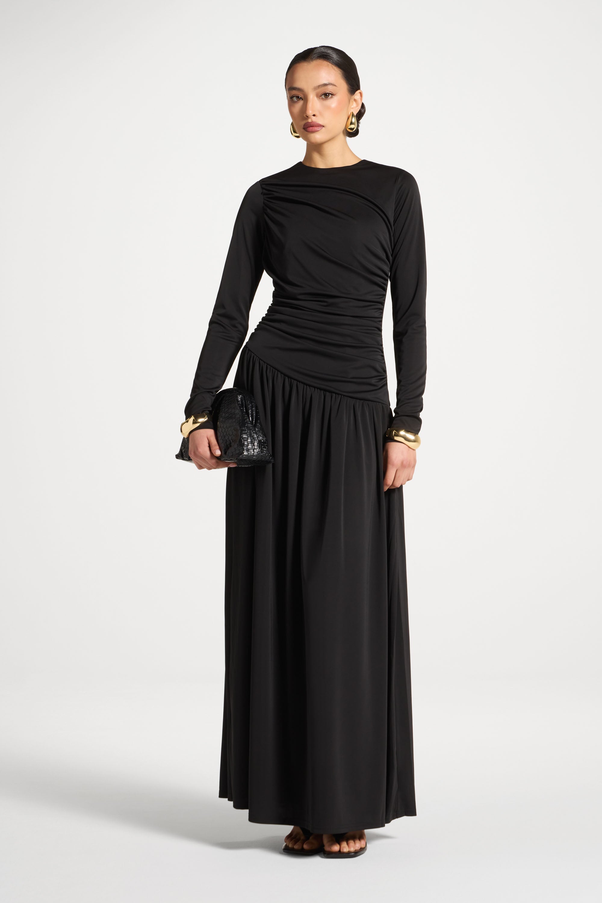 Robe Longue Froncée à Taille Asymétrique - Noir Abayas Modeen