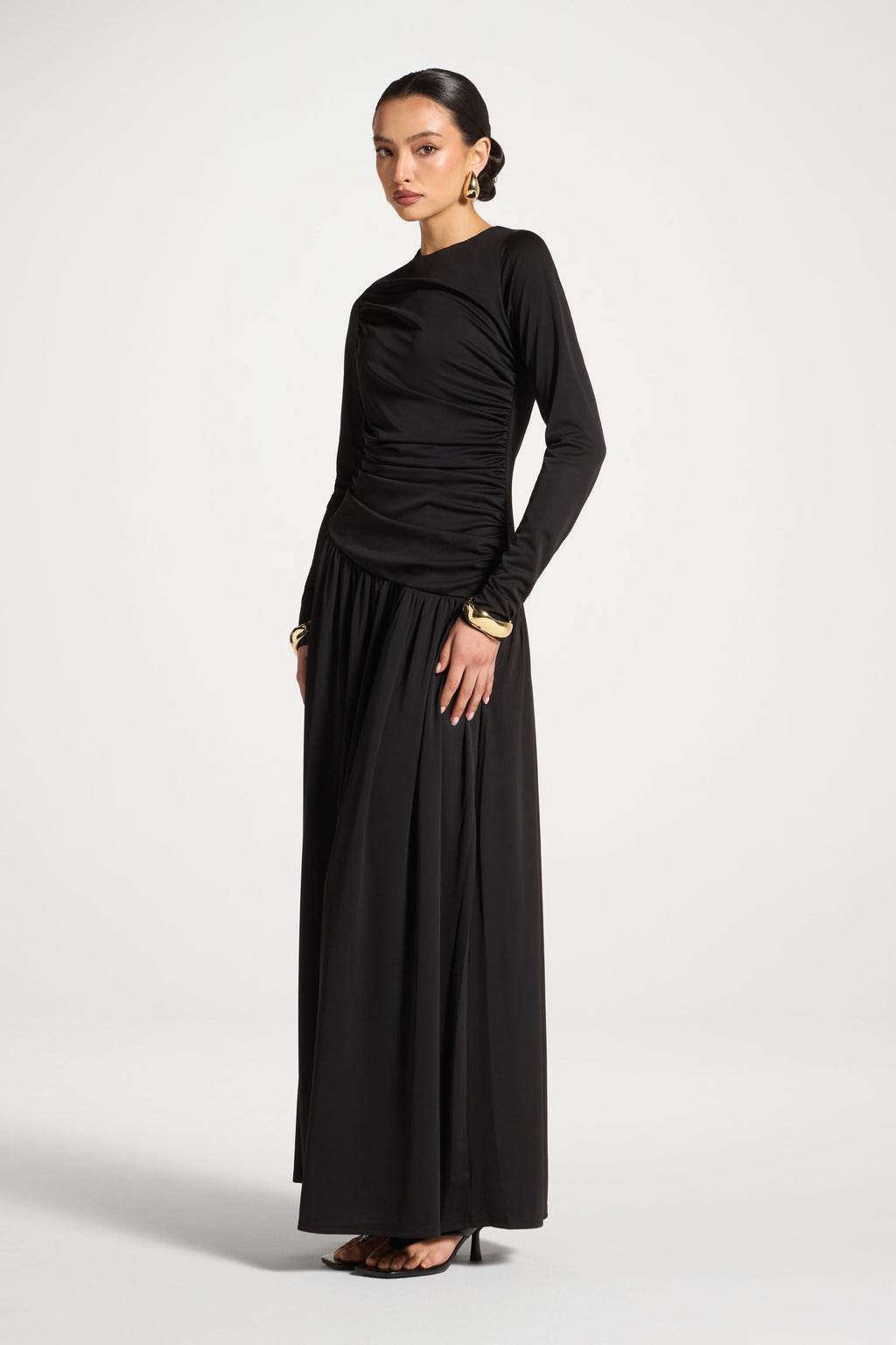 Robe Longue Froncée à Taille Asymétrique - Noir Abayas Modeen