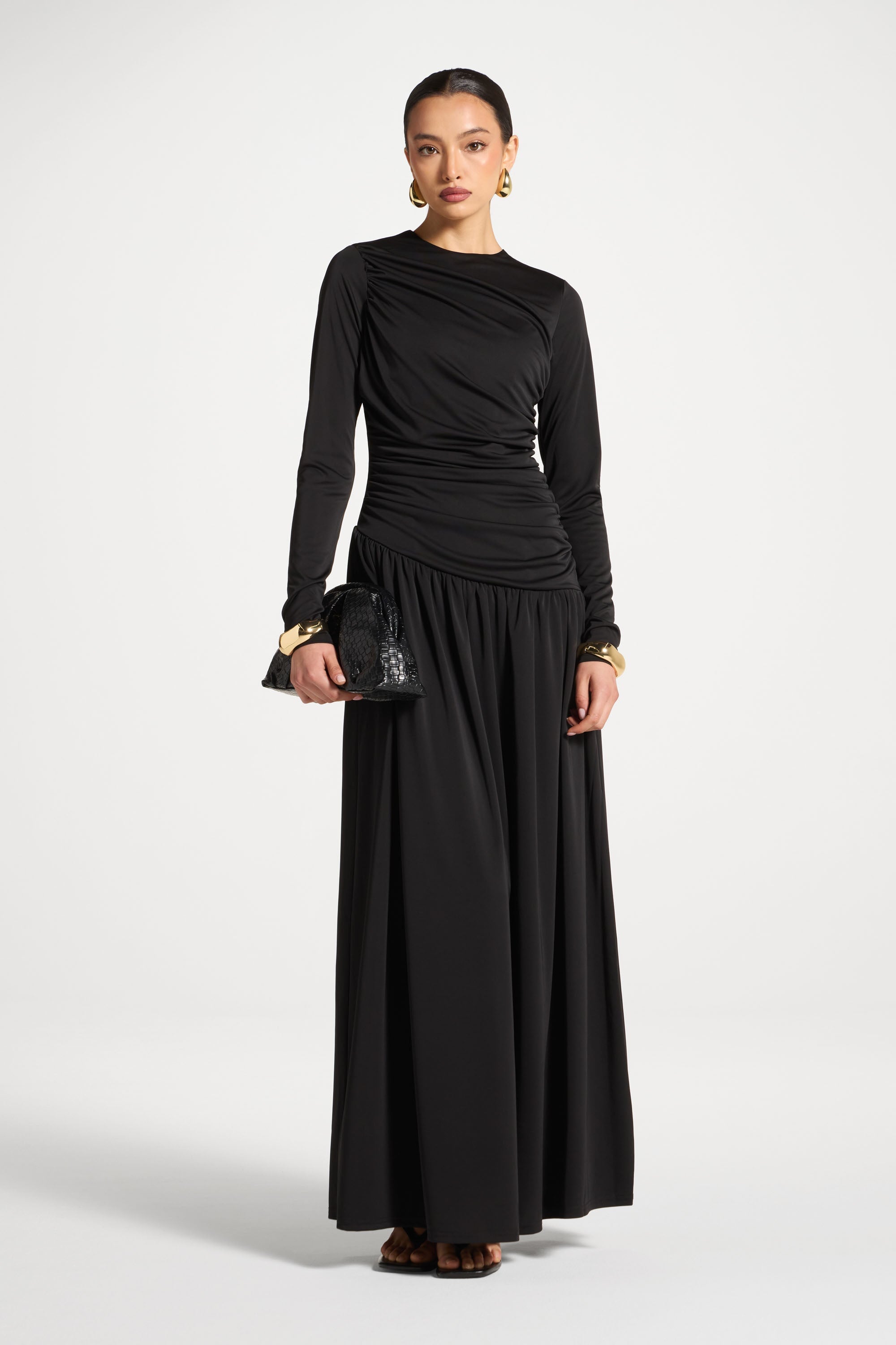 Robe Longue Froncée à Taille Asymétrique - Noir Abayas Modeen