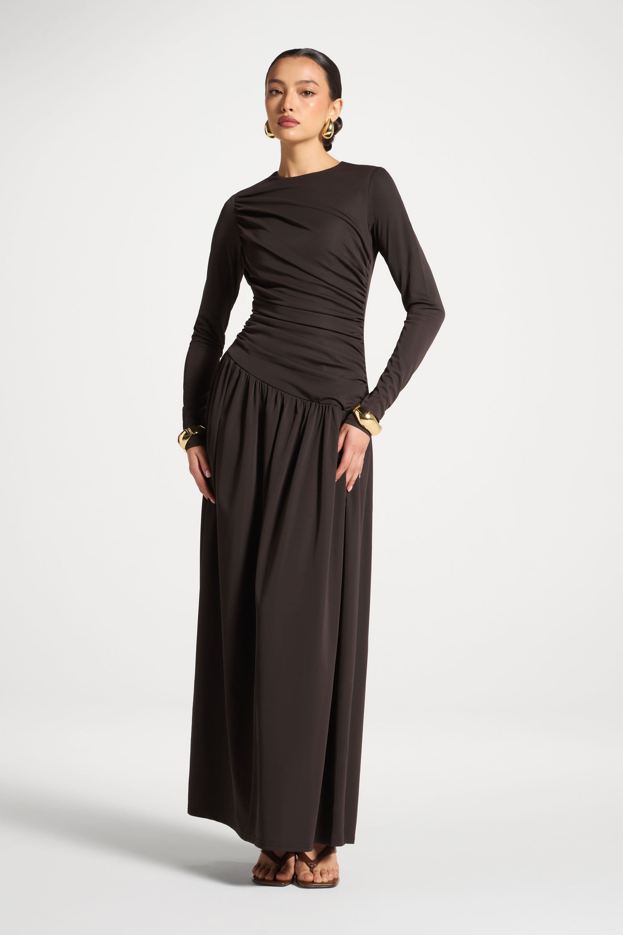 Robe Longue Froncée à Taille Asymétrique - Chocolat Abayas Modeen