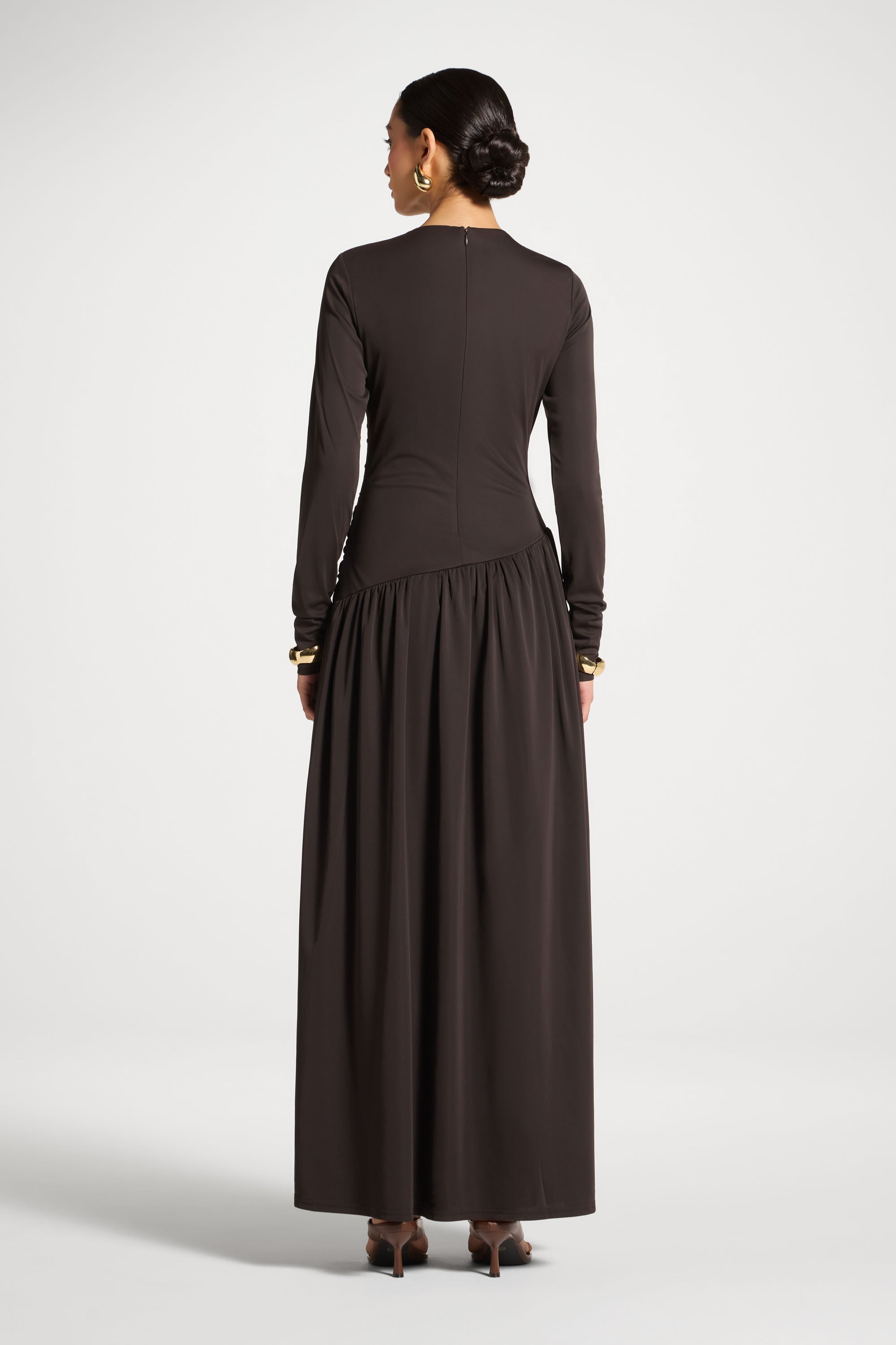 Robe Longue Froncée à Taille Asymétrique - Chocolat Abayas Modeen