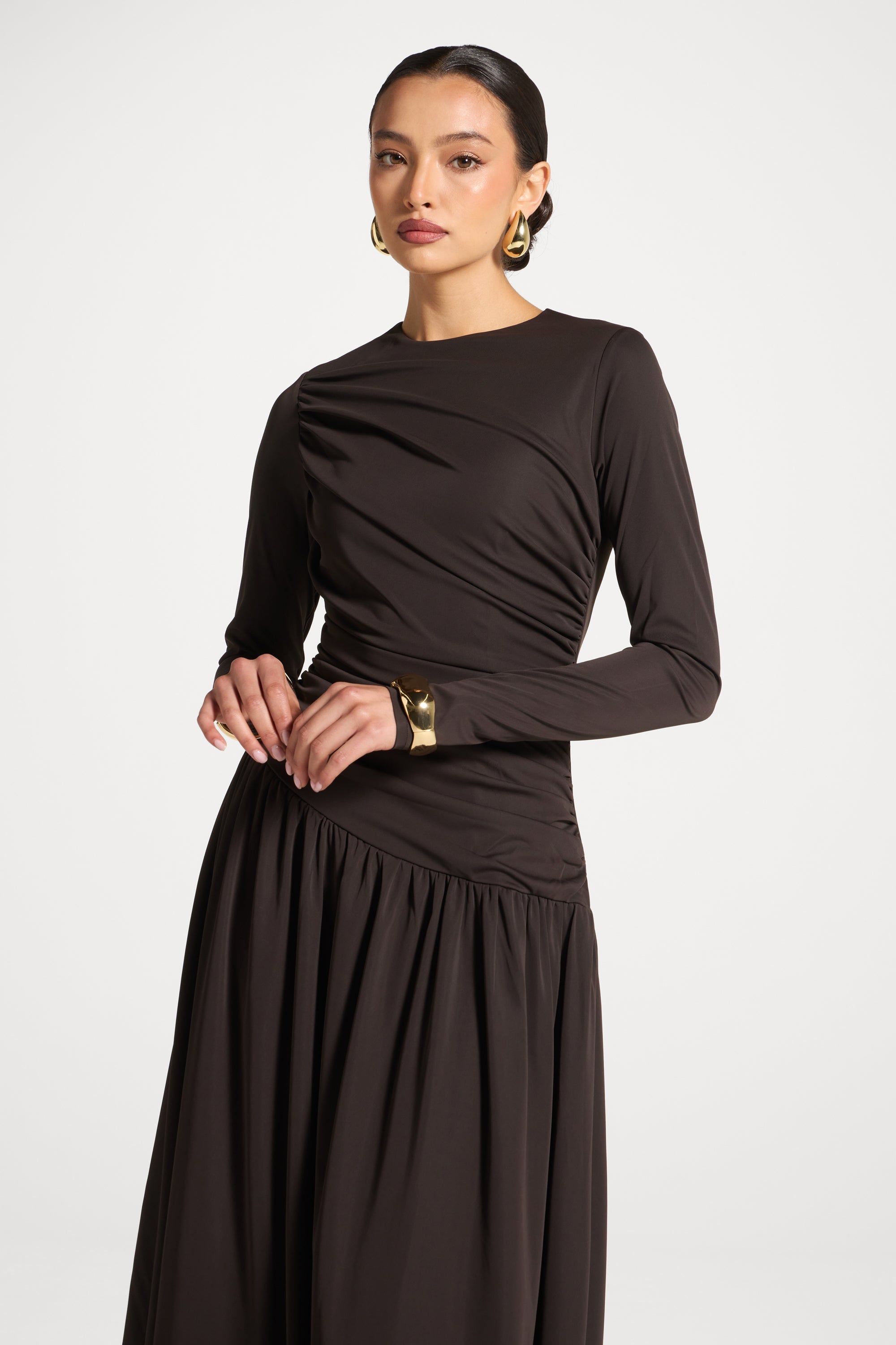 Robe Longue Froncée à Taille Asymétrique - Chocolat Abayas Modeen