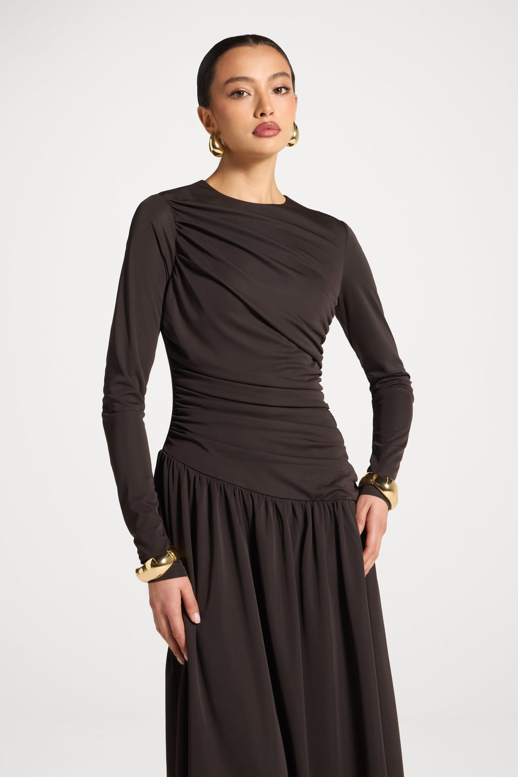 Robe Longue Froncée à Taille Asymétrique - Chocolat Abayas Modeen