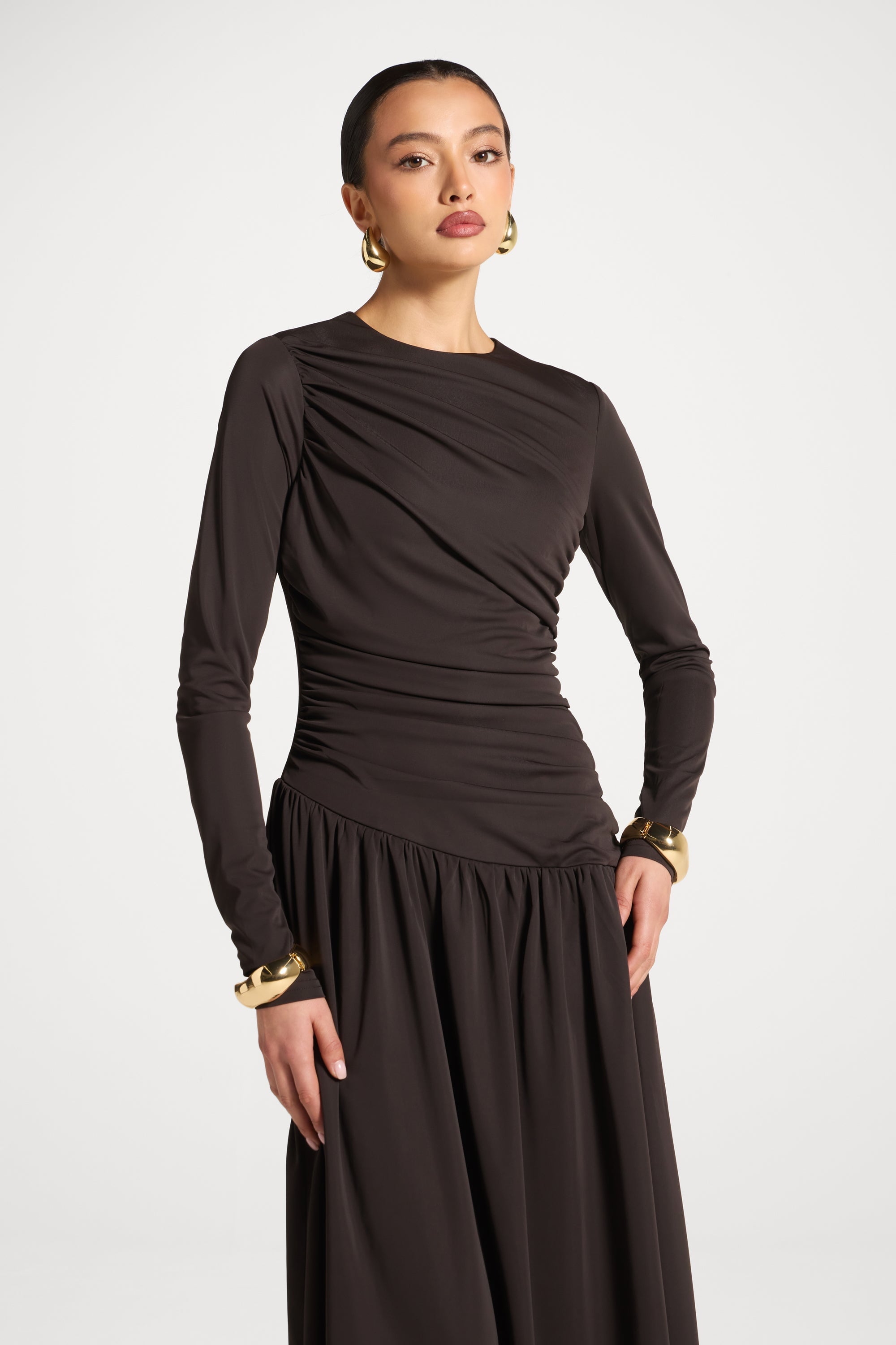 Robe Longue Froncée à Taille Asymétrique - Chocolat Abayas Modeen