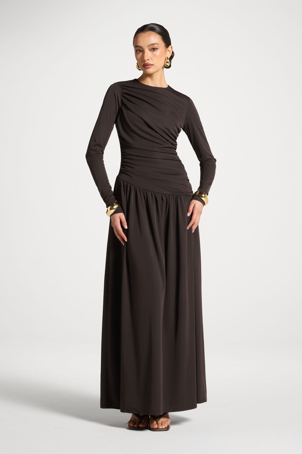 Robe Longue Froncée à Taille Asymétrique - Chocolat Abayas Modeen