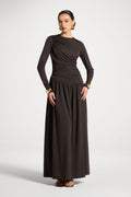 Robe Longue Froncée à Taille Asymétrique - Chocolat Abayas Modeen