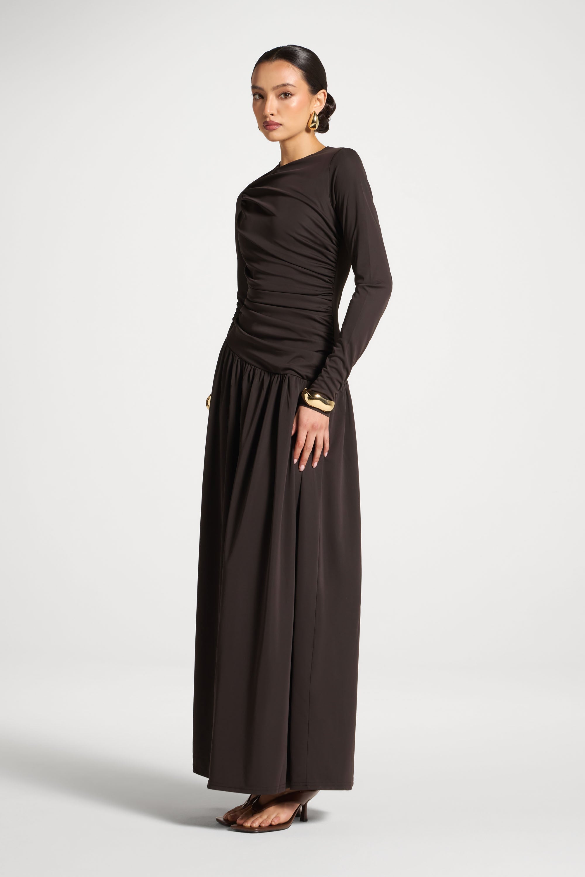 Robe Longue Froncée à Taille Asymétrique - Chocolat Abayas Modeen