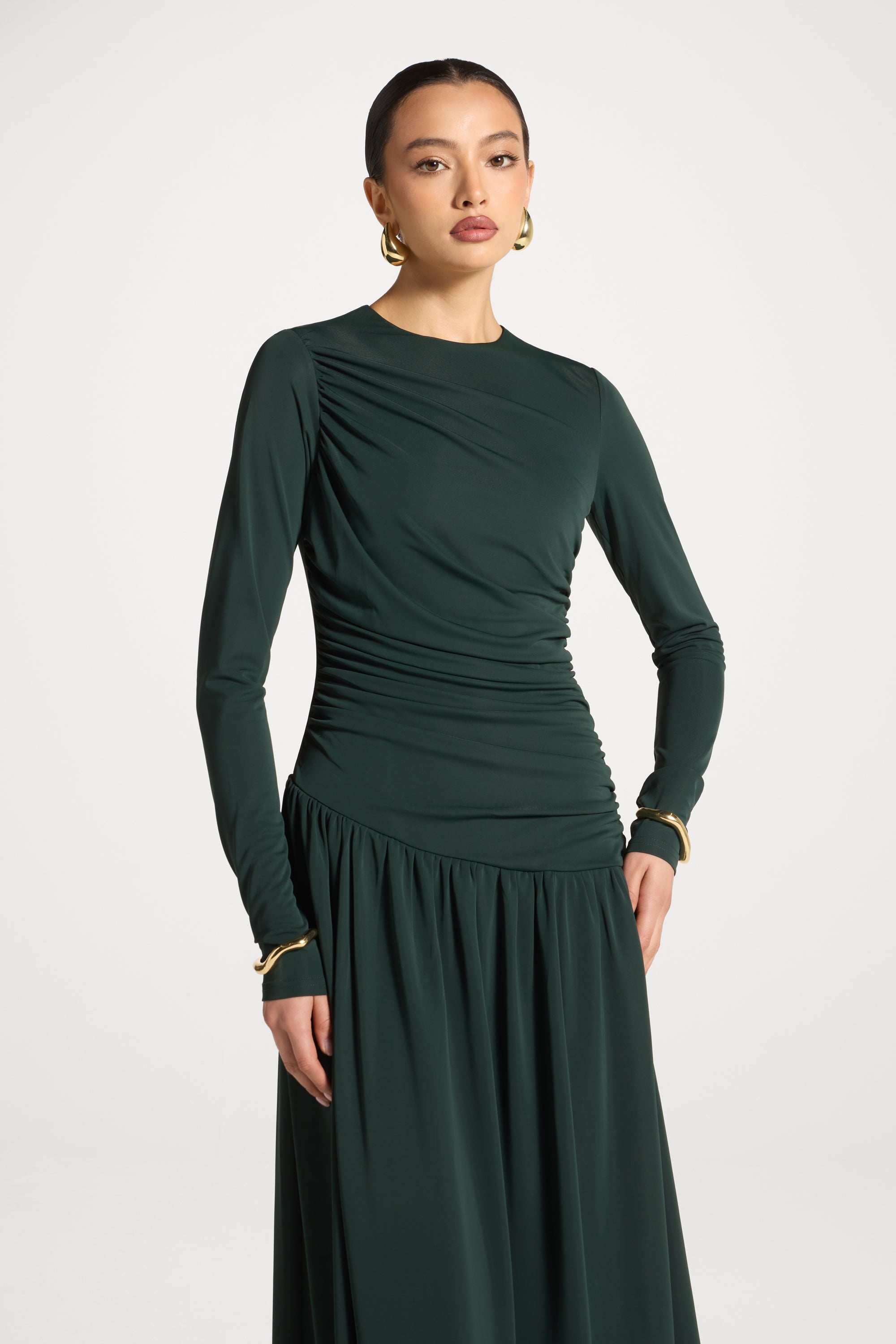 Robe Longue Froncée à Taille Asymétrique - Émeraude Abayas Modeen