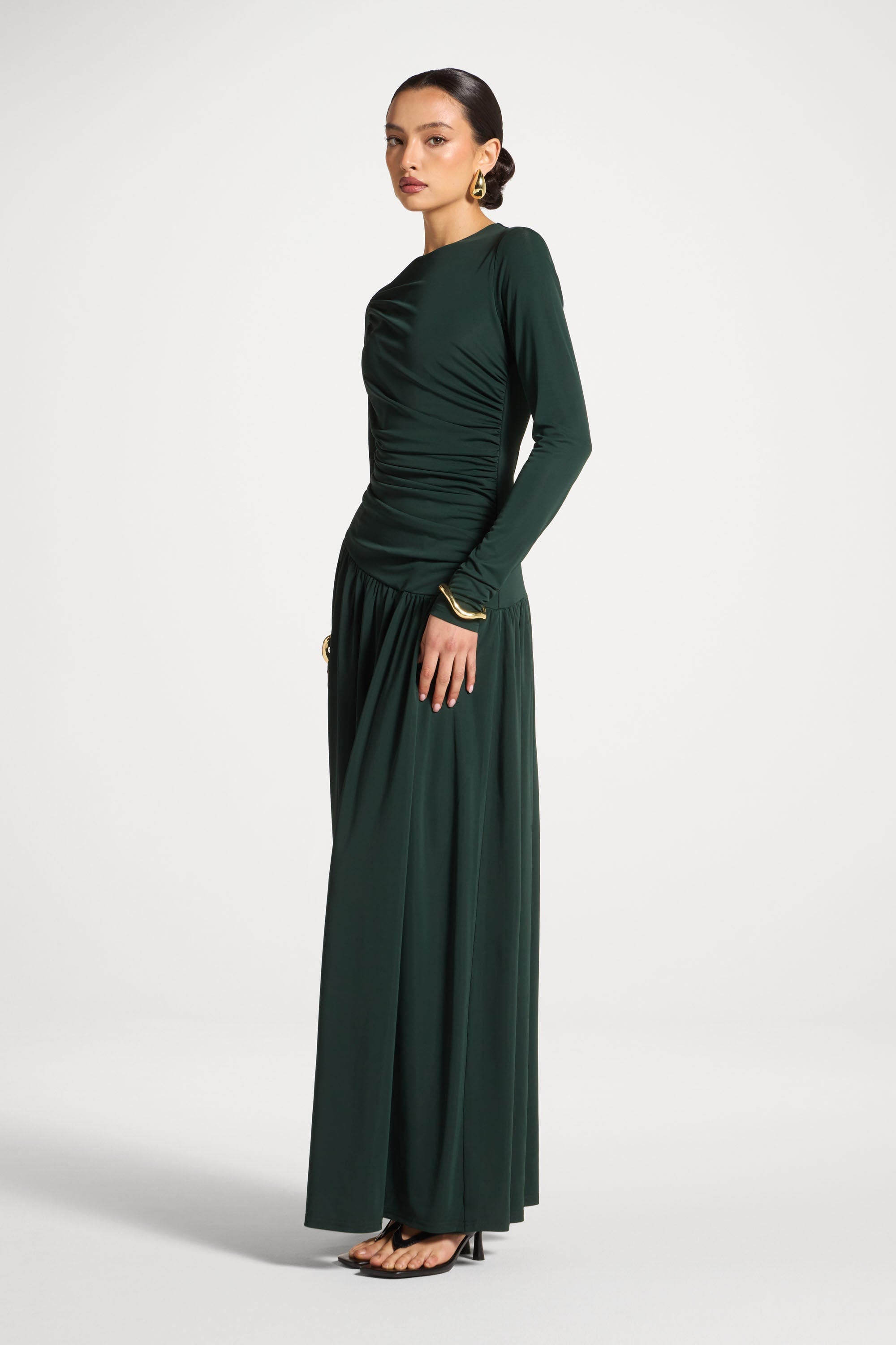 Robe Longue Froncée à Taille Asymétrique - Émeraude Abayas Modeen