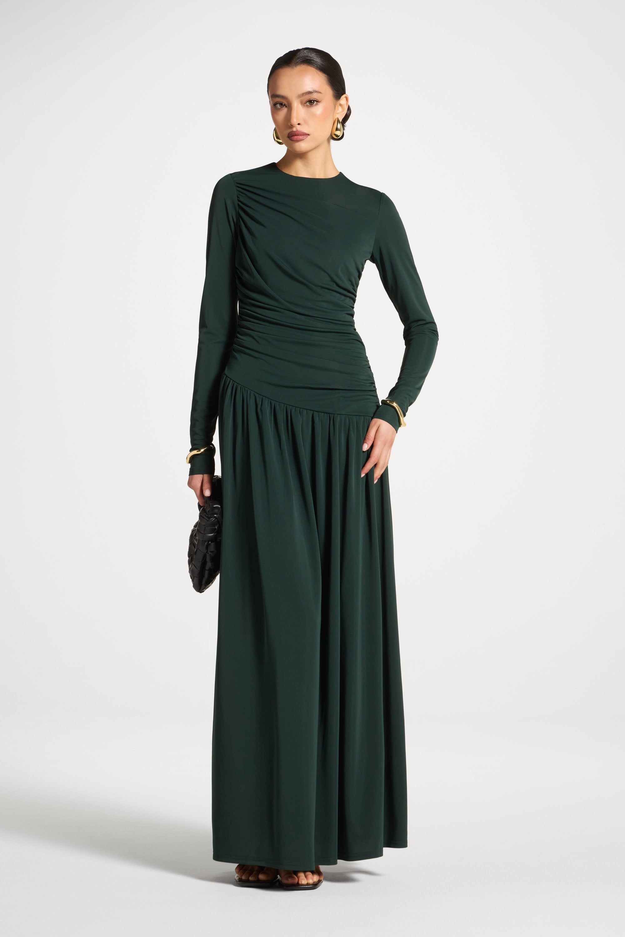 Robe Longue Froncée à Taille Asymétrique - Émeraude Abayas Modeen