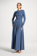 Robe Longue Froncée à Taille Asymétrique - Indigo Abayas Modeen