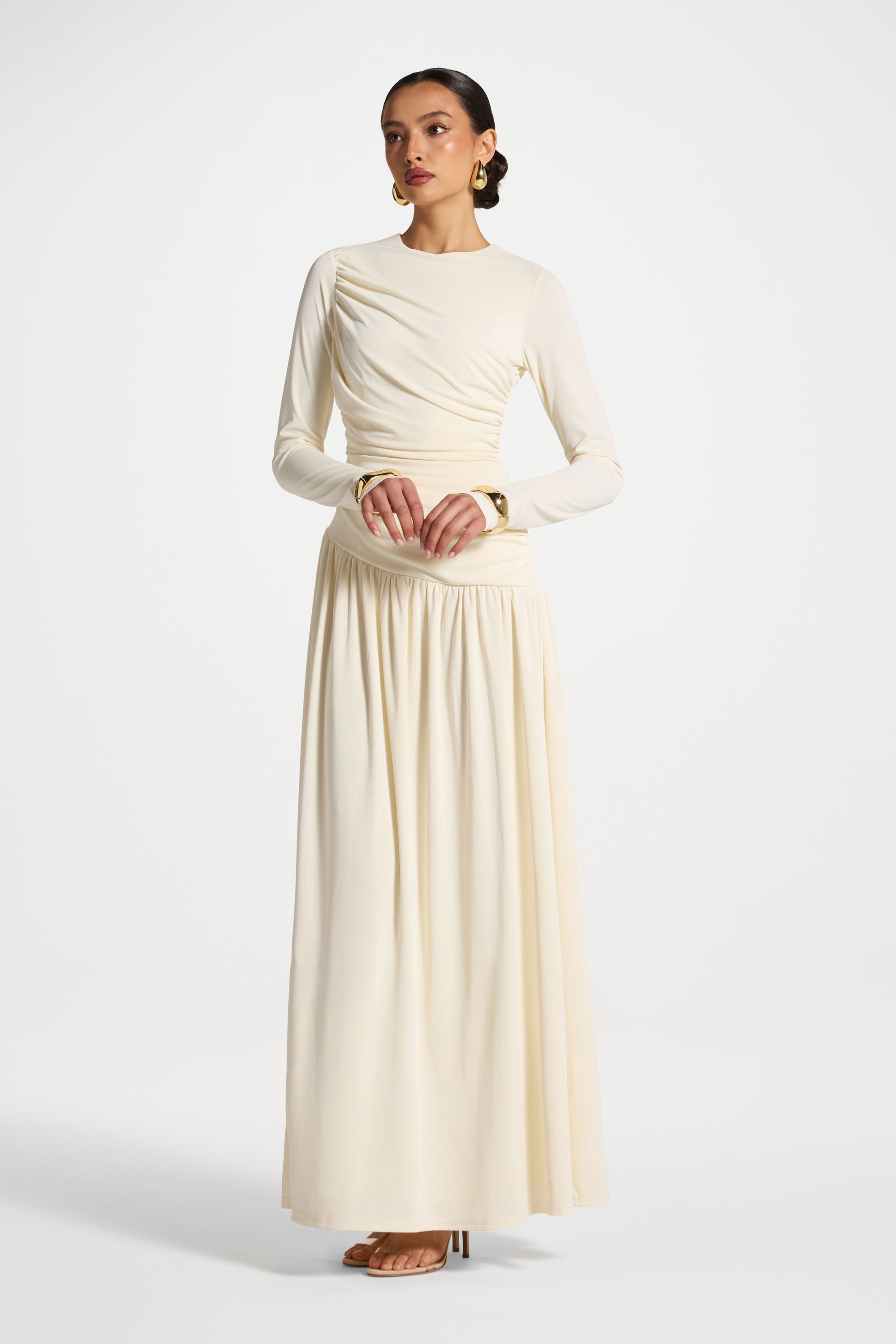 Robe Longue Froncée à Taille Asymétrique - Blanc Abayas Modeen
