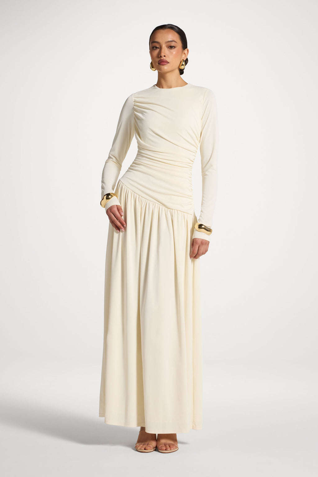 Robe Longue Froncée à Taille Asymétrique - Blanc Abayas Modeen
