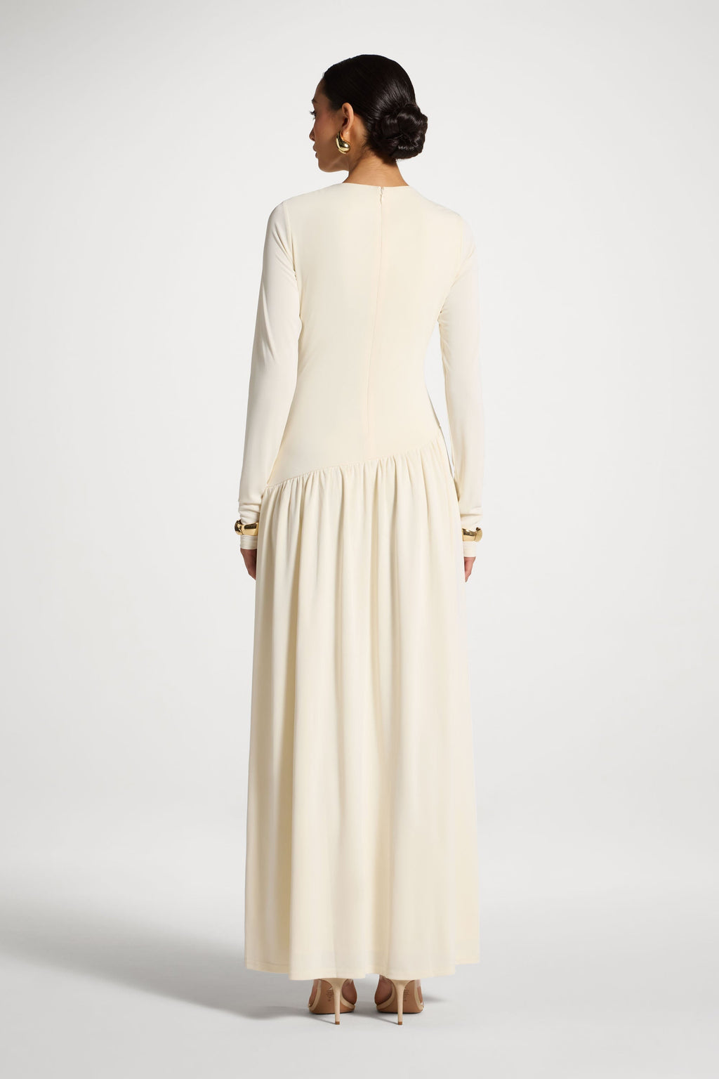 Robe Longue Froncée à Taille Asymétrique - Blanc Abayas Modeen