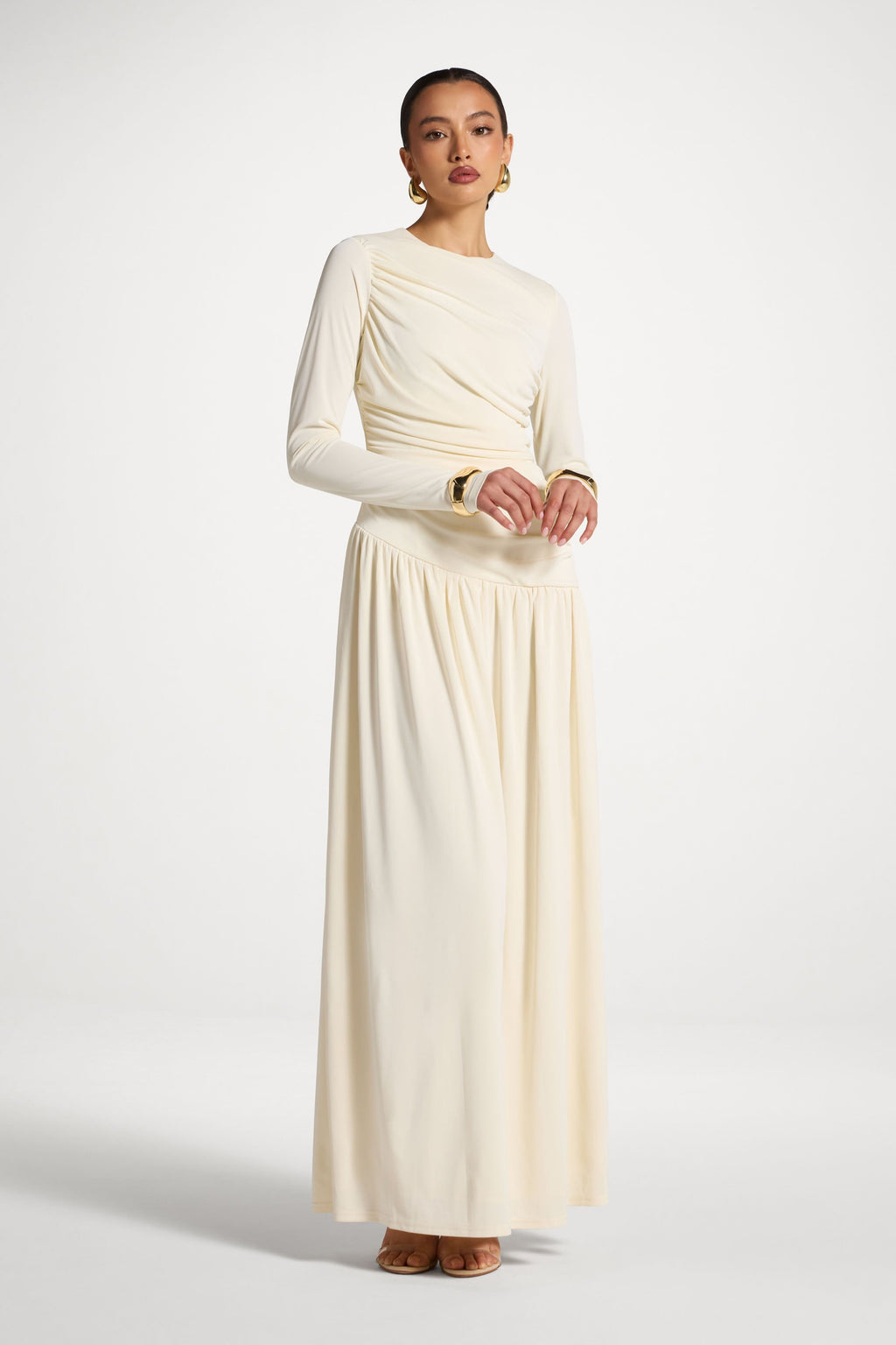 Robe Longue Froncée à Taille Asymétrique - Blanc Abayas Modeen