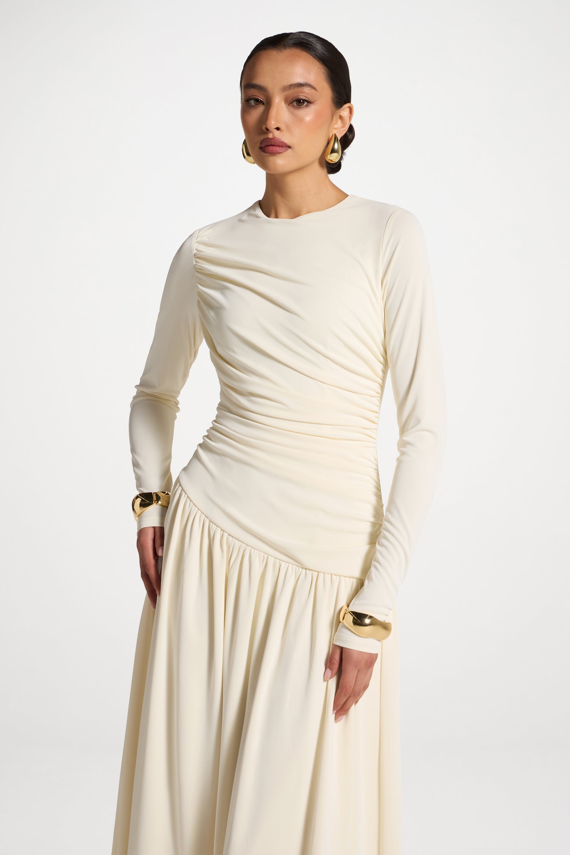 Robe Longue Froncée à Taille Asymétrique - Blanc Abayas Modeen
