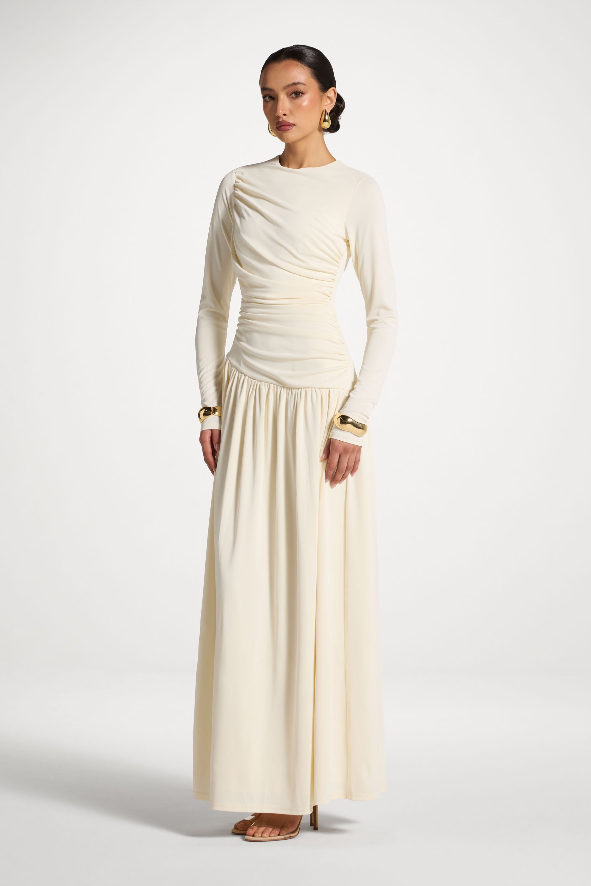 Robe Longue Froncée à Taille Asymétrique - Blanc Abayas Modeen