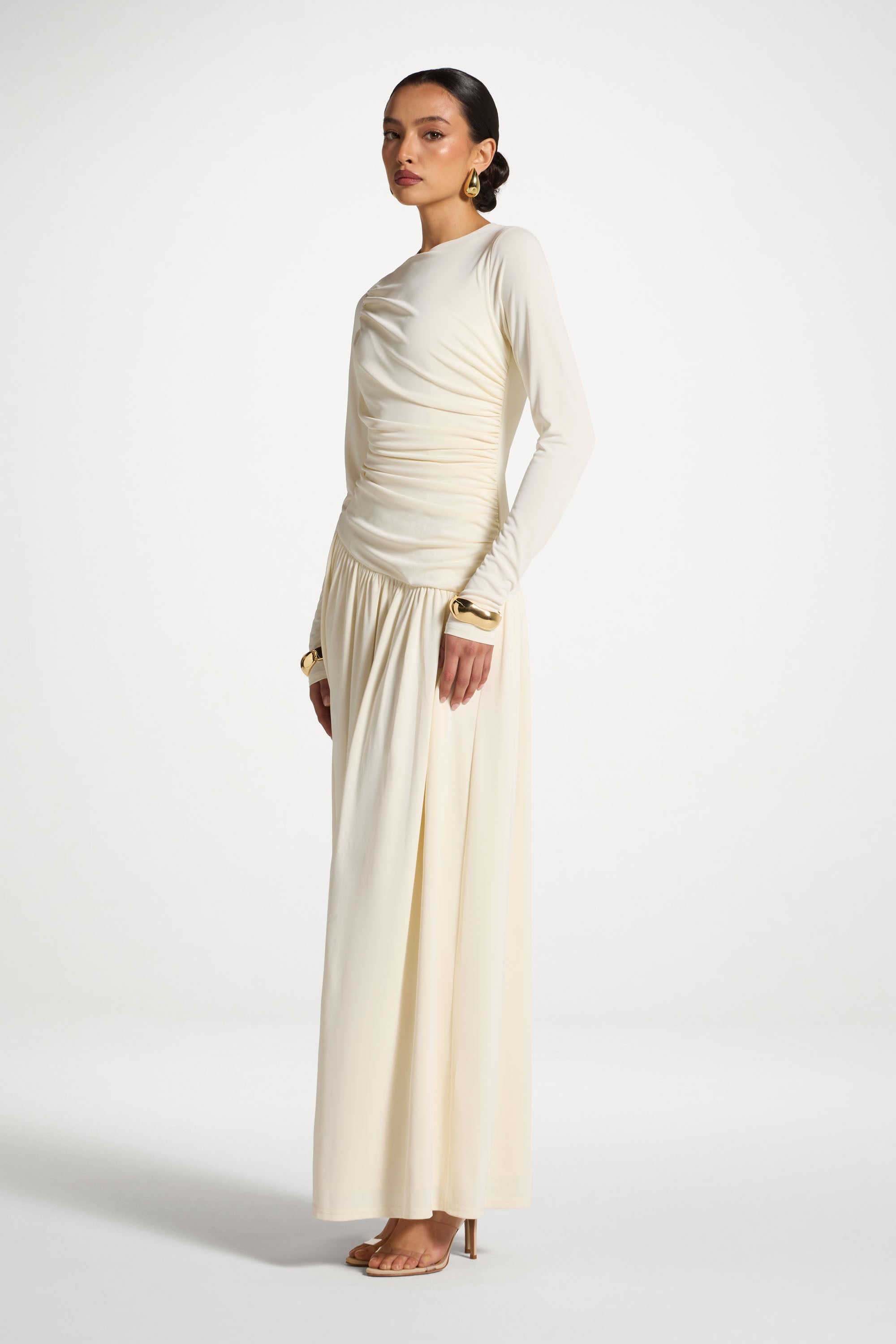 Robe Longue Froncée à Taille Asymétrique - Blanc Abayas Modeen