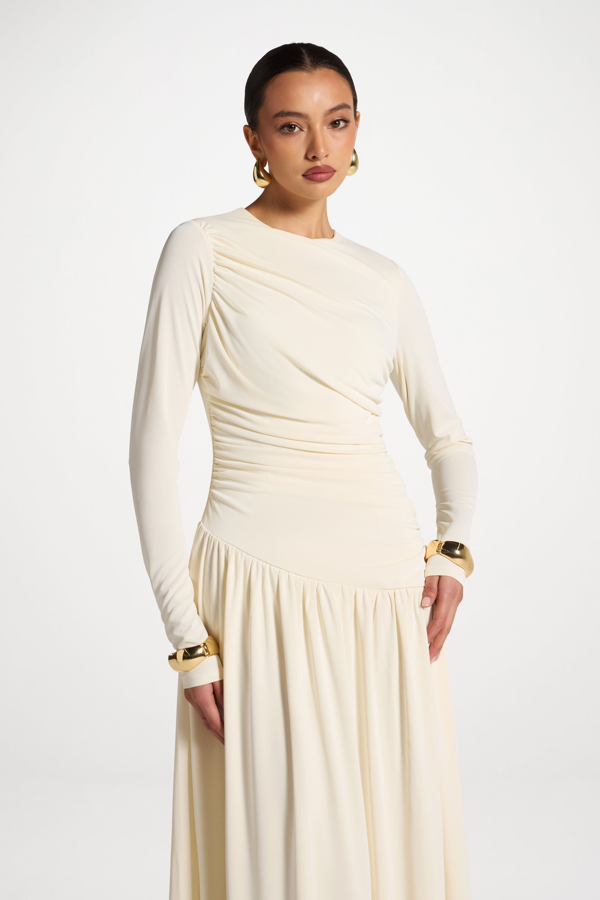 Robe Longue Froncée à Taille Asymétrique - Blanc Abayas Modeen