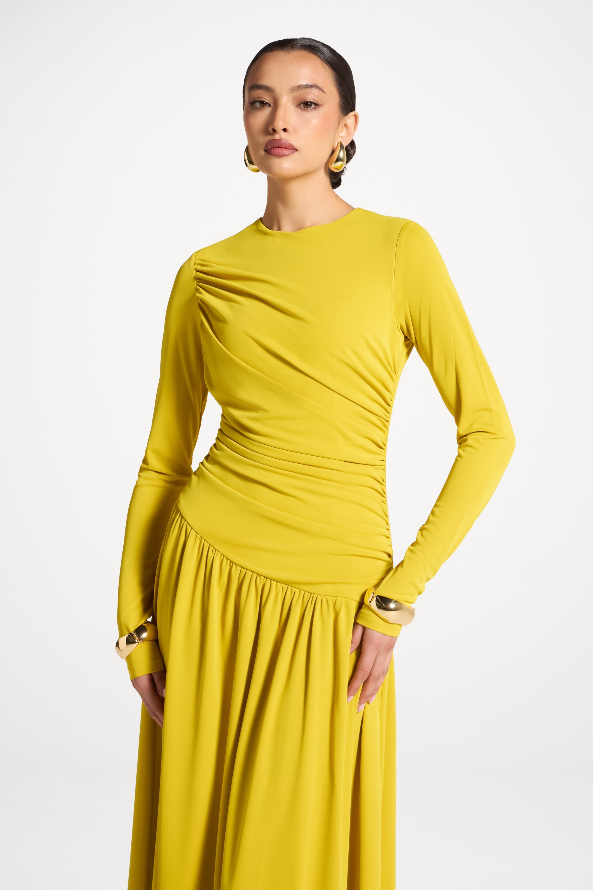 Robe Longue Froncée à Taille Asymétrique - Mangue Menthe Abayas Modeen