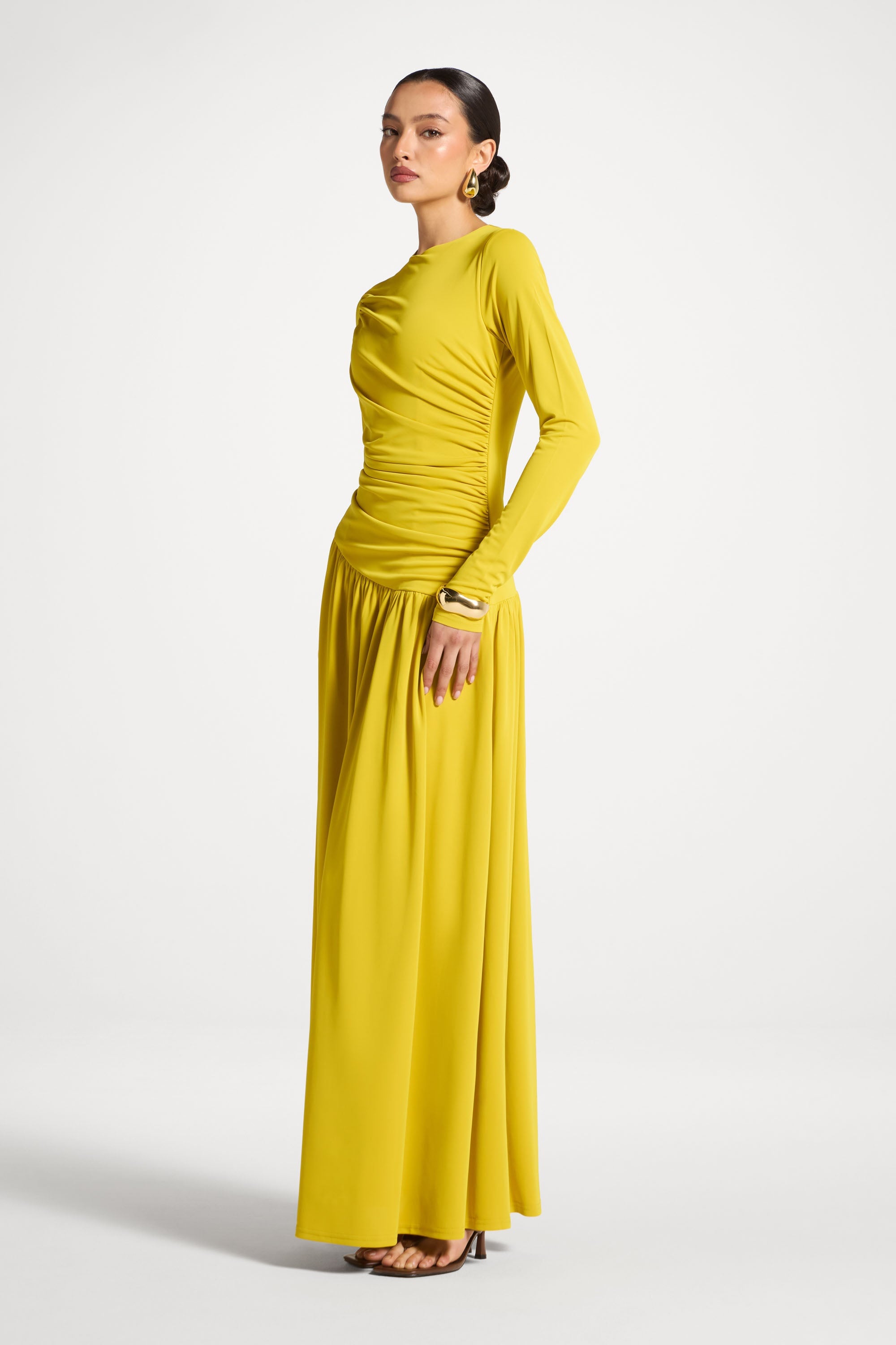 Robe Longue Froncée à Taille Asymétrique - Mangue Menthe Abayas Modeen