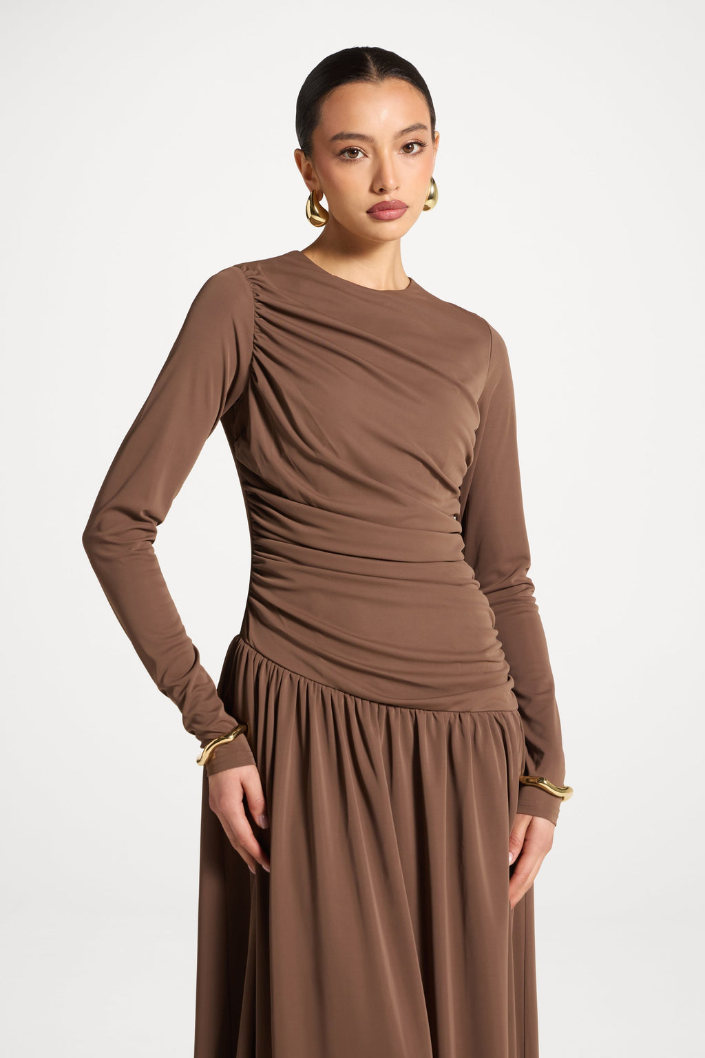 Robe Longue Froncée à Taille Asymétrique - Café Abayas Modeen
