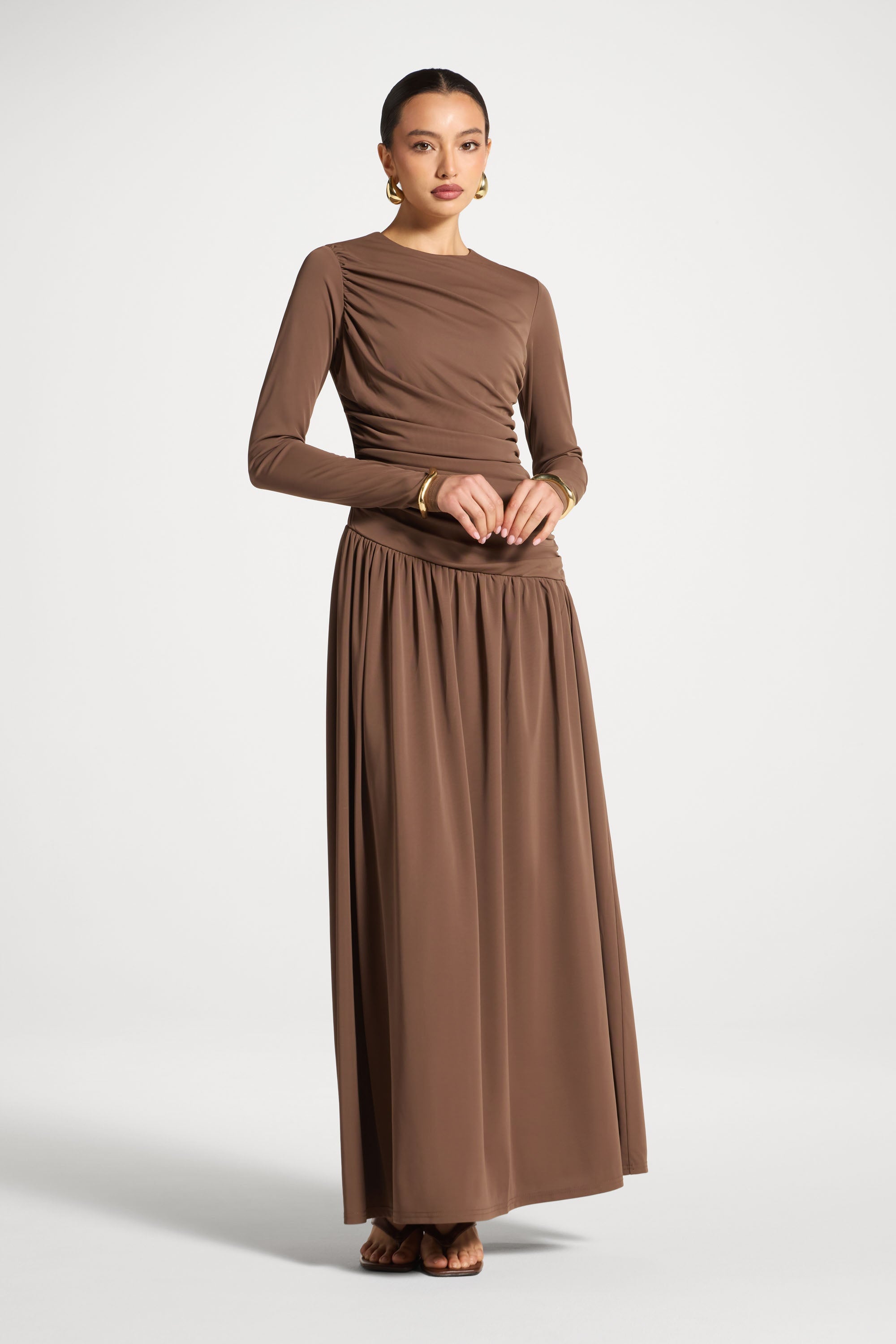 Robe Longue Froncée à Taille Asymétrique - Café Abayas Modeen
