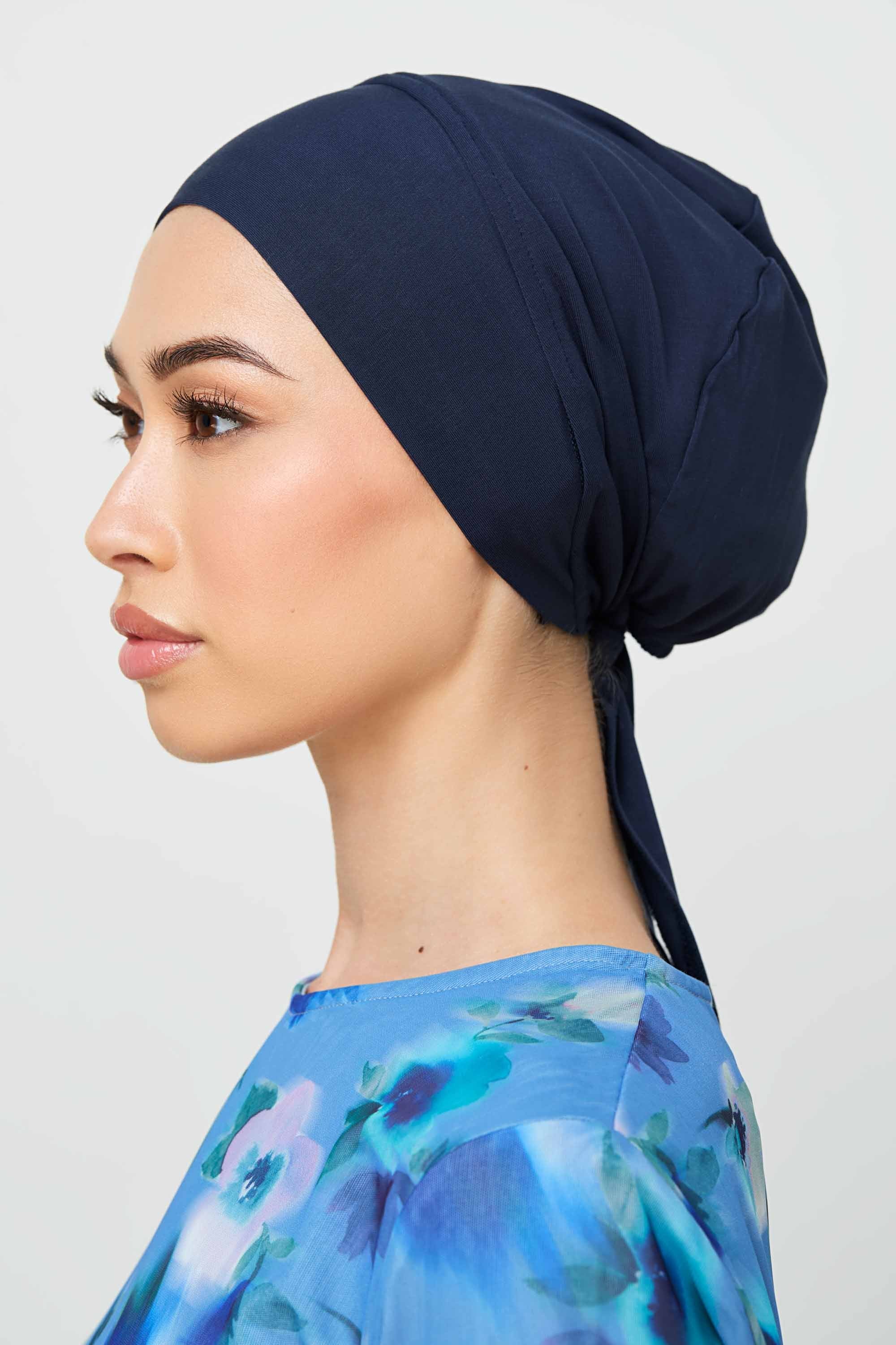 Bonnet Sous-Hijab à Nouer Doublé Soie en Jersey de Bambou - Marine Accessoires Modeen
